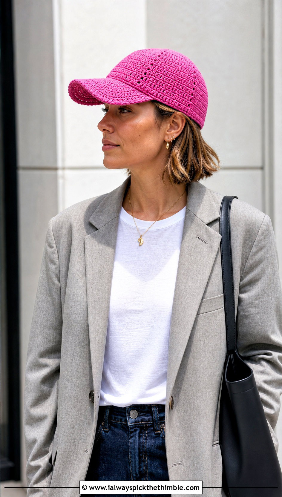 Crochet Baseball Cap With Blazer And Jeans - 25 crochet caps outfit ideas