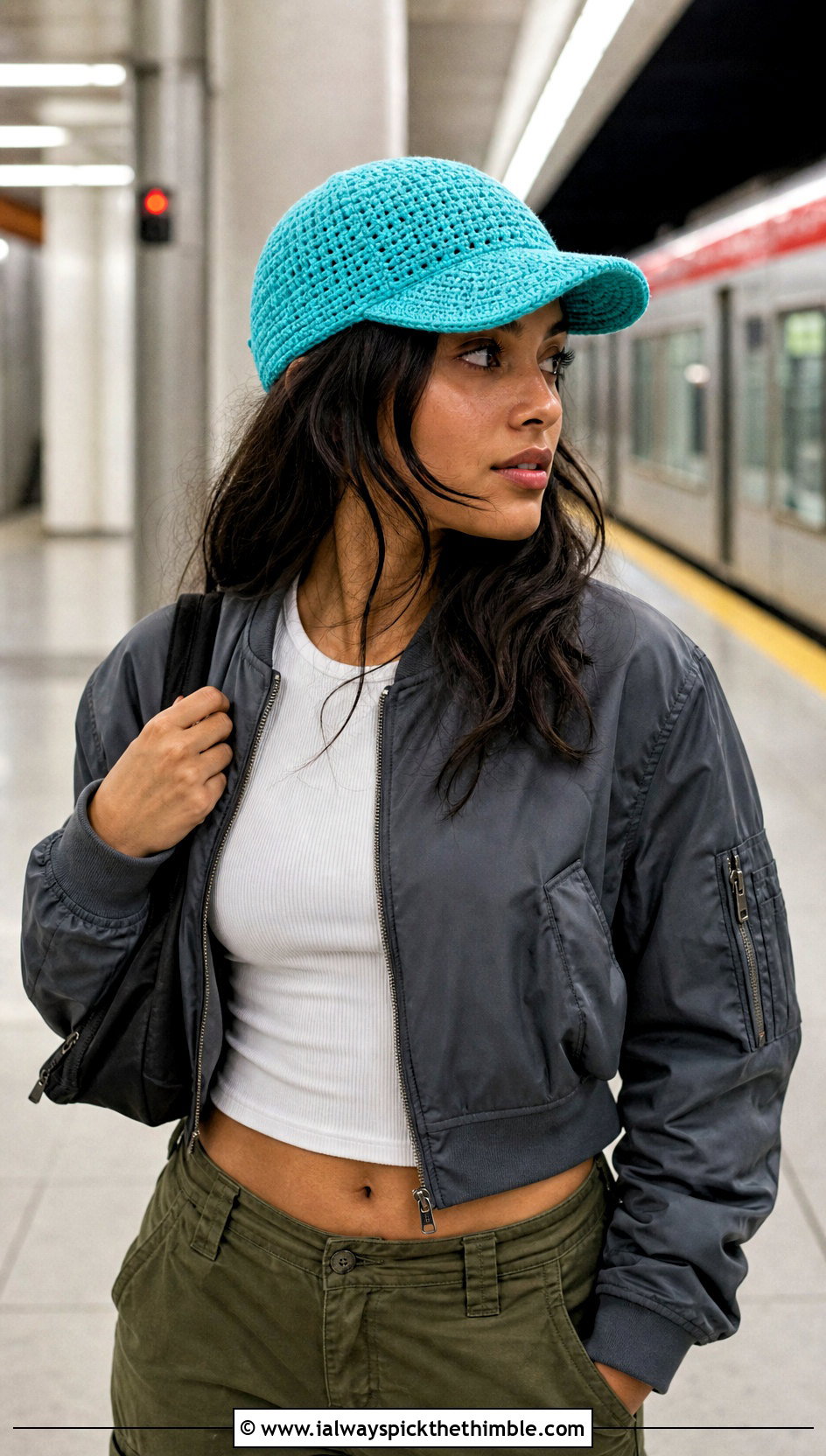 Crochet Baseball Cap With Bomber Jacket And Cargo Pants - 25 cute crochet hat outfit ideas