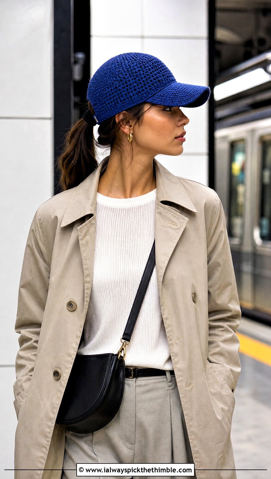 Crochet Baseball Cap With Low Ponytail And Trench Coat - 20 crochet hat with hair outfit ideas
