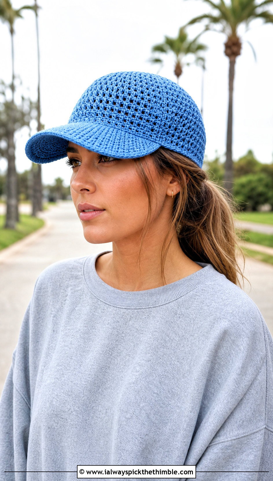 Crochet Baseball Cap With Sweatshirt And Biker Shorts - 25 quick crochet hat outfit ideas