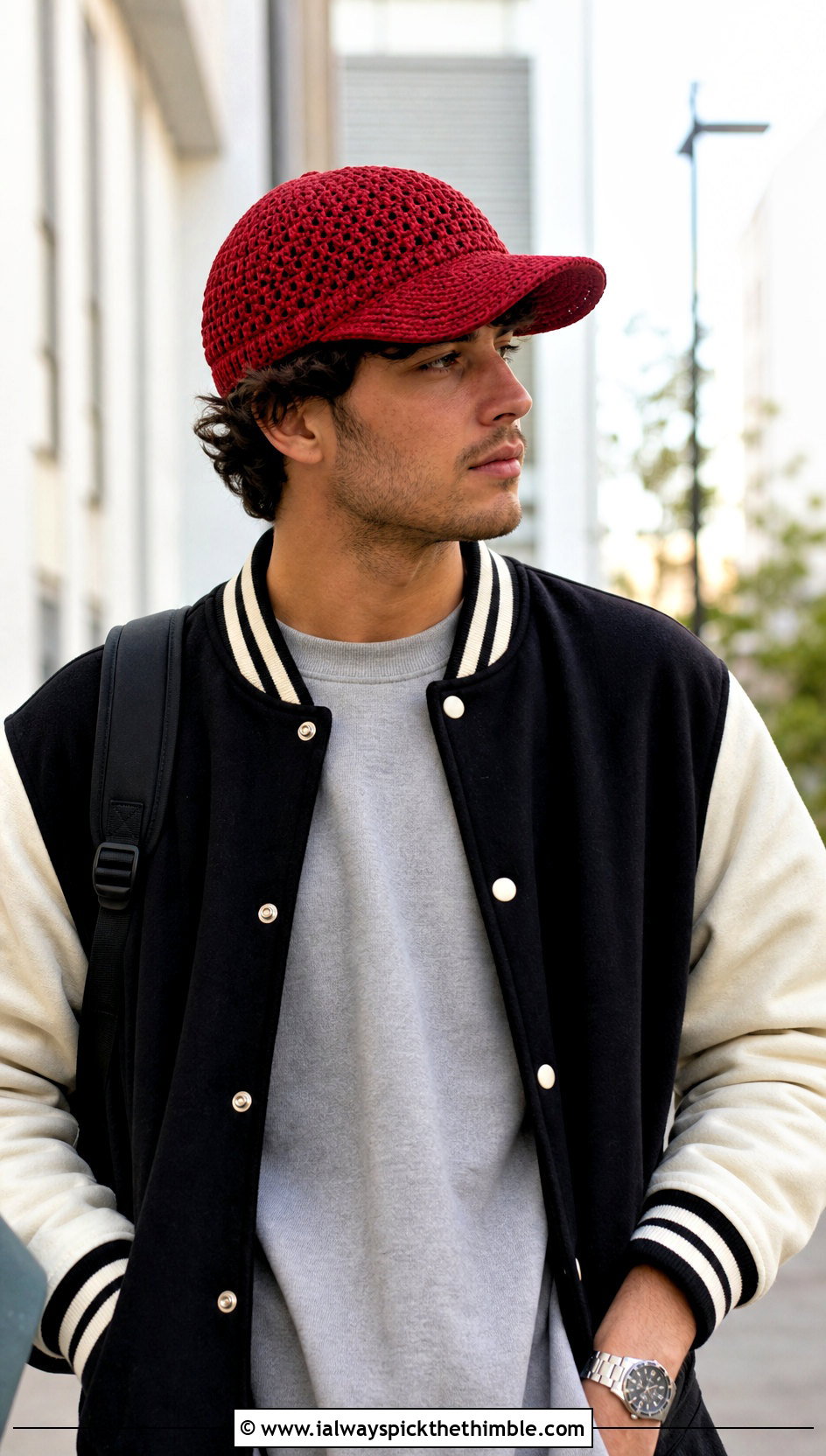 Crochet Baseball Cap With Varsity Jacket And Black Jeans - 25 crochet hat for men outfit ideas