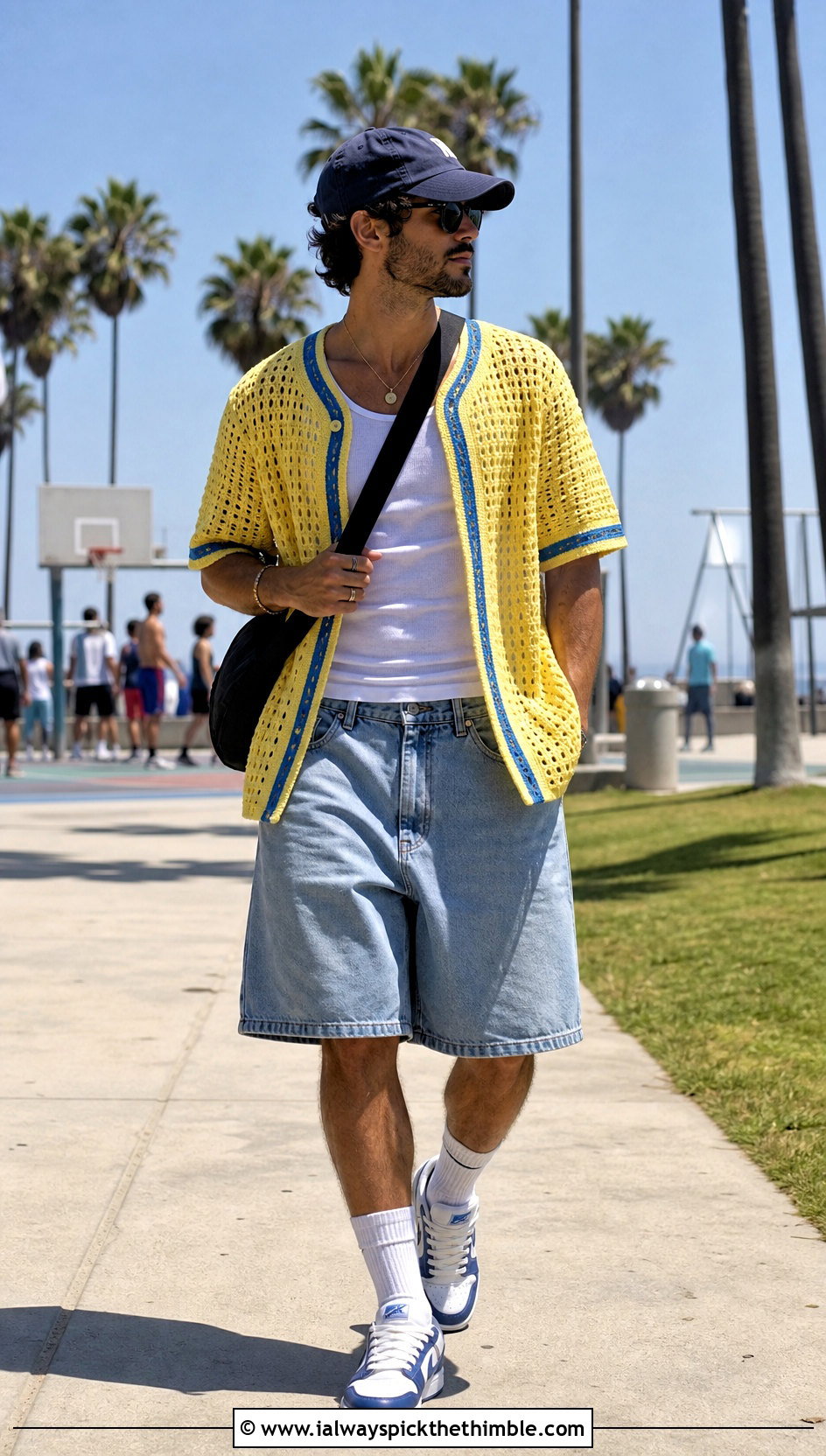 Crochet Baseball Jersey With Denim Shorts - 25 crochet top men outfit ideas