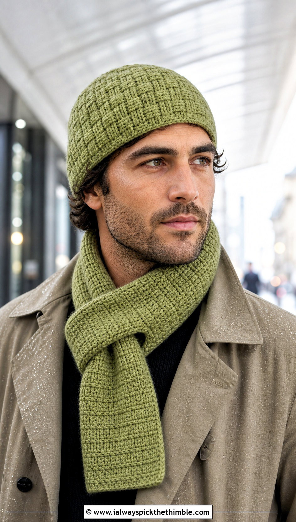 Crochet Basketweave Beanie And Keyhole Scarf With Trench Coat - 20 Crochet Mens Hat And Scarf outfit ideas