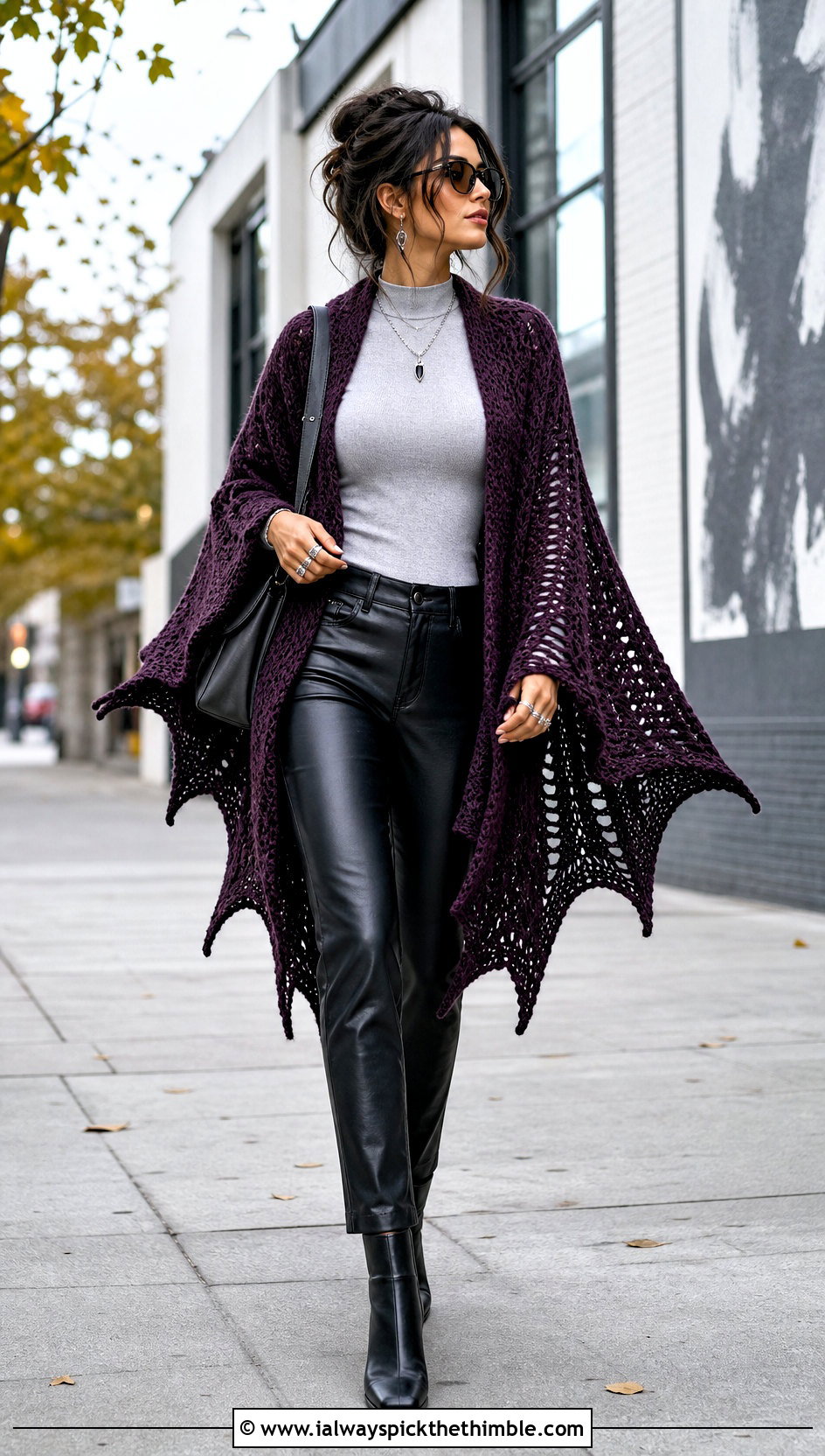Crochet Bat Wing Shawl With Leather Pants - 20 Crochet Wing Shawl outfit ideas