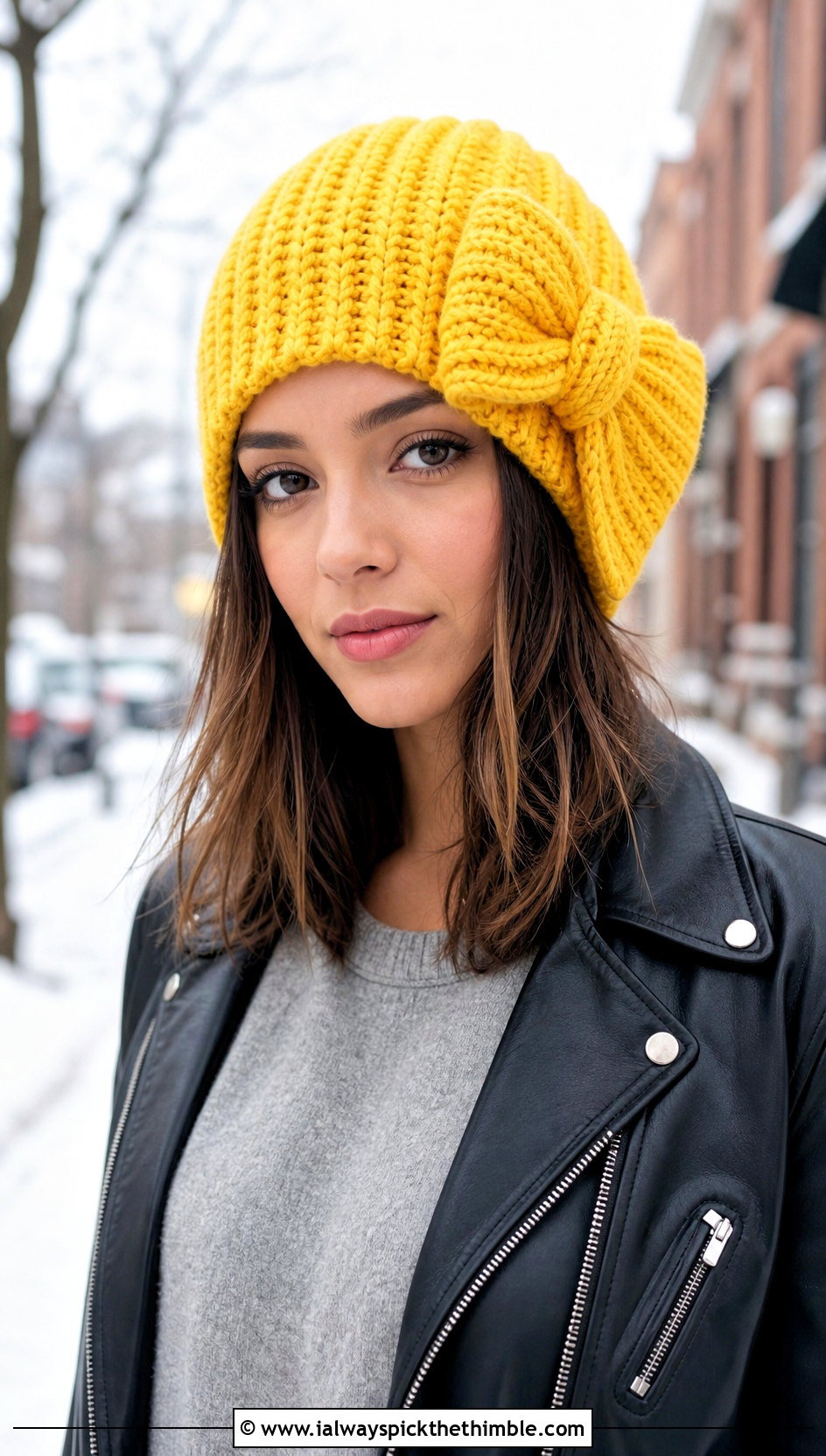 Crochet Beanie With Bow And Leather Jacket - 20 Crochet Hat With Bow outfit ideas