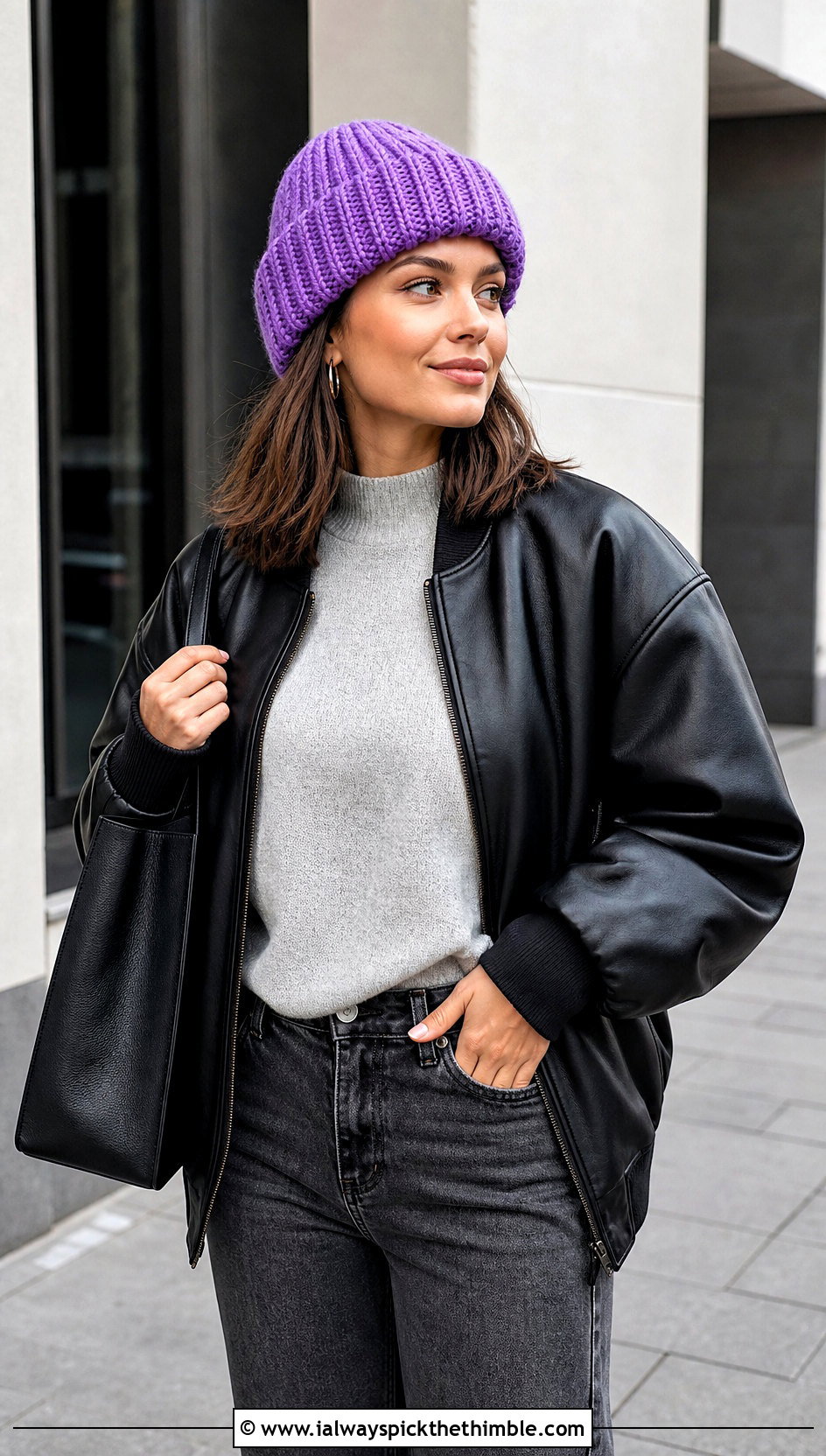 Crochet Beanie With Leather Bomber Jacket - 15 Modern Crochet Hat outfit ideas