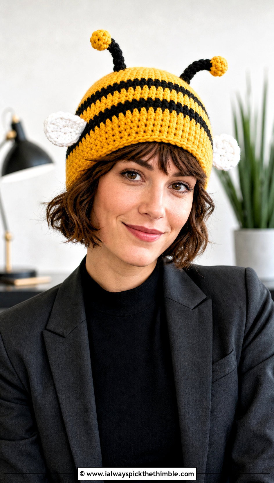 Crochet Bee Beanie With Creative Office Outfit - 25 crochet character hats outfit ideas