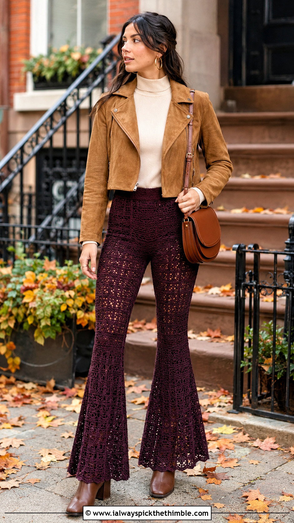 Crochet Bell Bottom Pants With Suede Jacket - 20 Crochet Long Pants outfit ideas