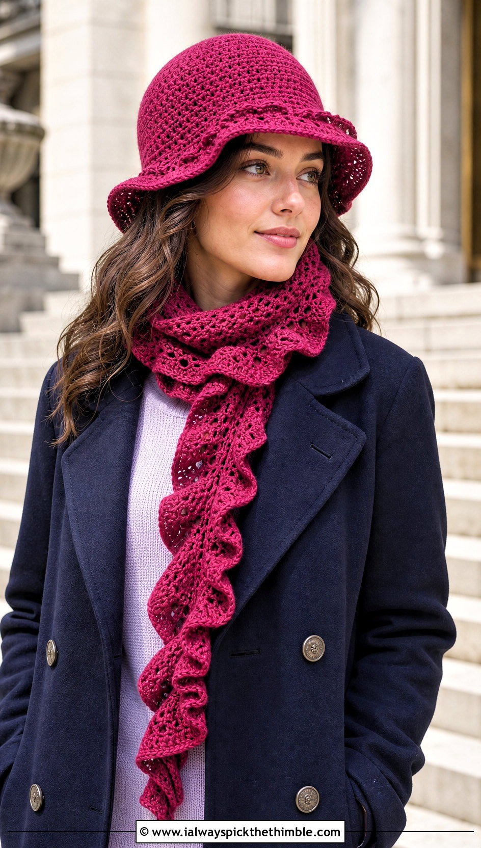 Crochet Bell Hat And Ruffle Scarf With Peacoat - 20 crochet hat scarf outfit ideas