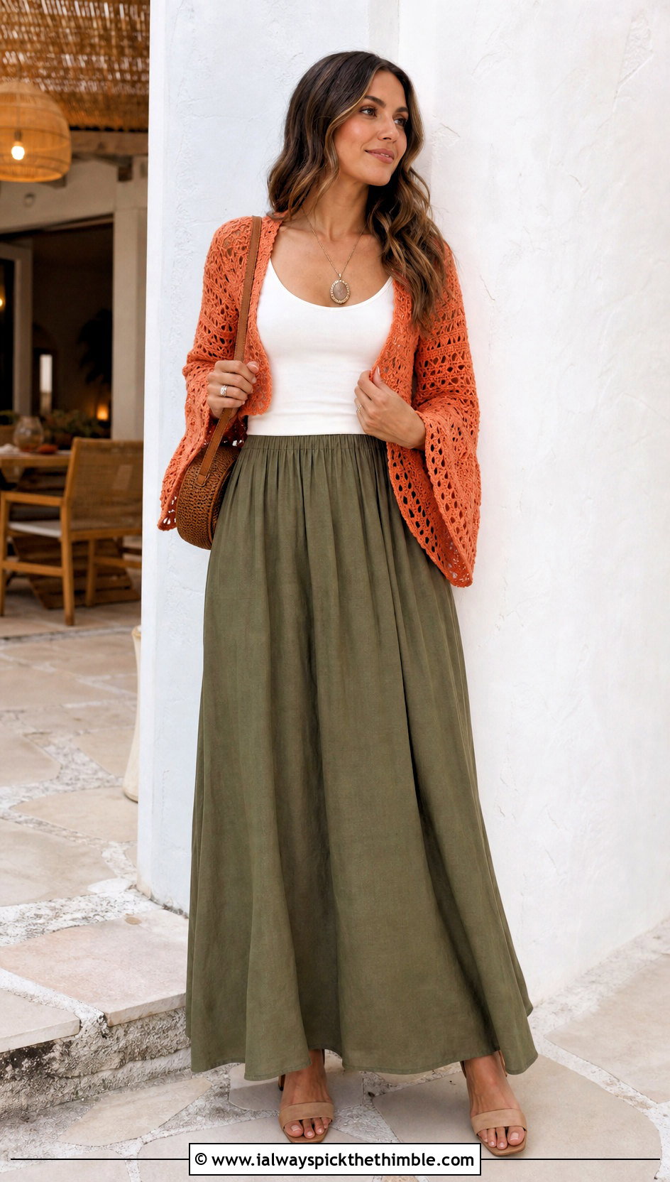 Crochet Bell Sleeve Bolero Sweater With Tank And Maxi Skirt - 20 Crochet Sweater With Bell Sleeves outfit ideas