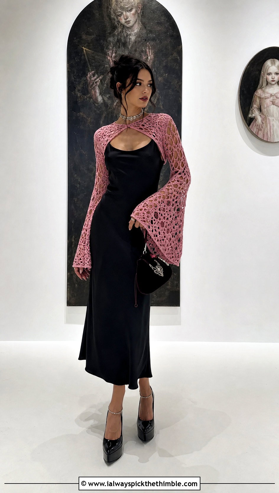 Crochet Bell Sleeve Bolero With Satin Slip Dress - 15 goth crochet clothing and outfit ideas