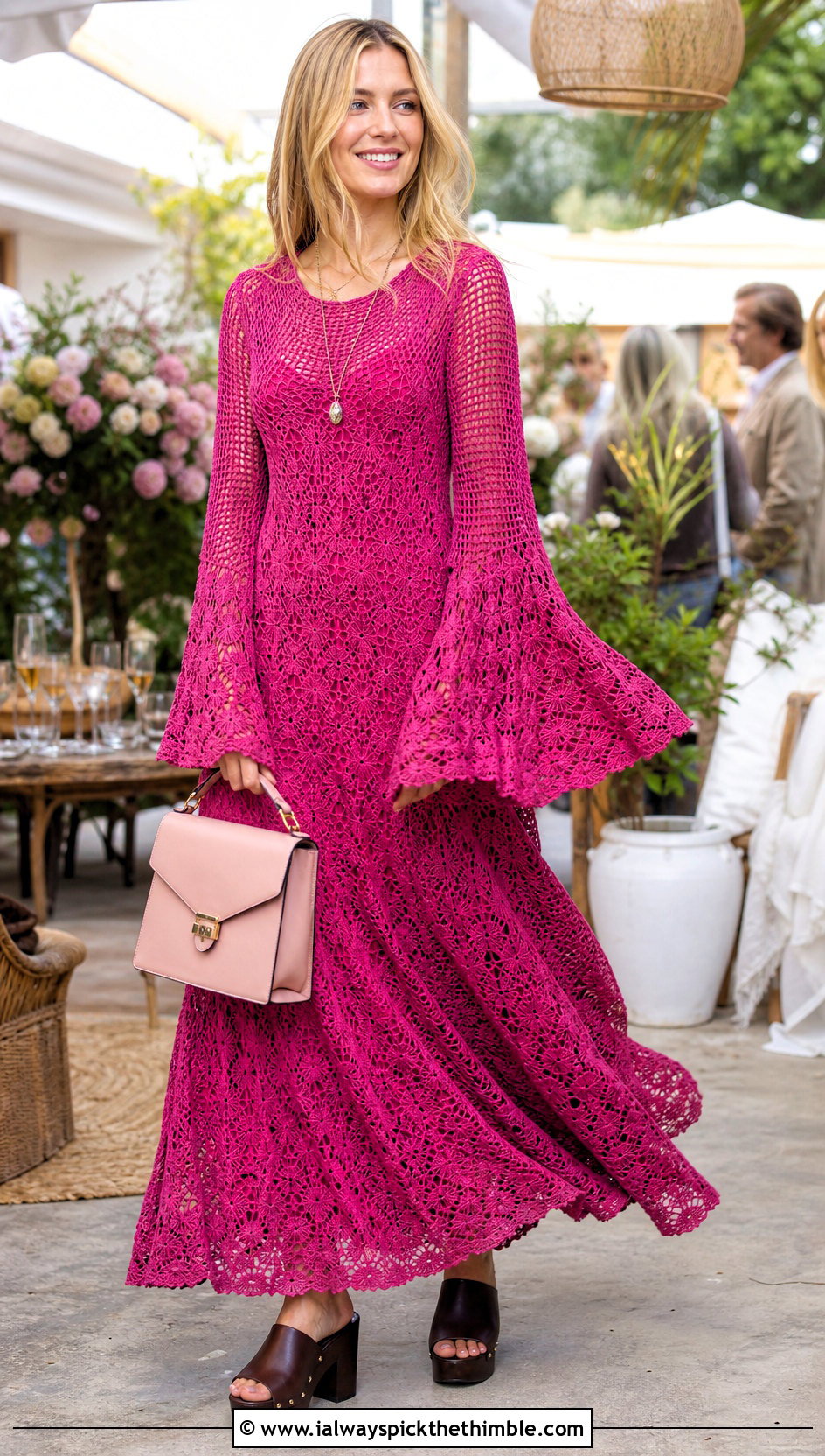 Crochet Bell Sleeve Maxi Dress With Platform Clogs - 20 Crochet Long Dresses outfit ideas