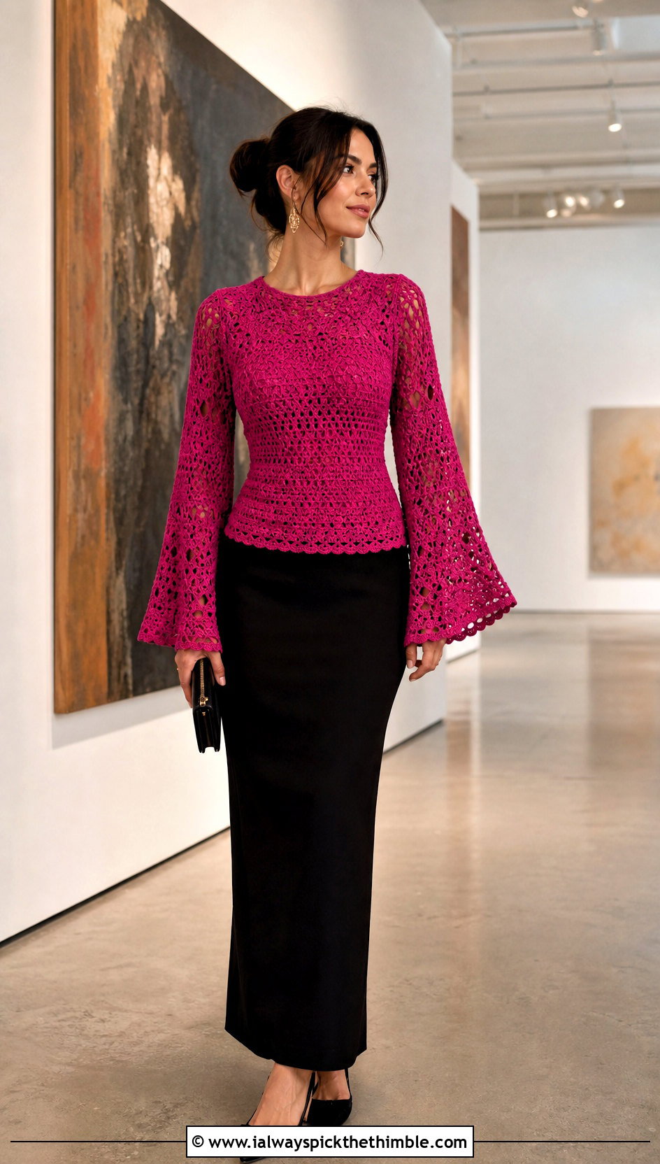 Crochet Bell Sleeve Top With Column Skirt - 20 dainty crochet top outfit ideas