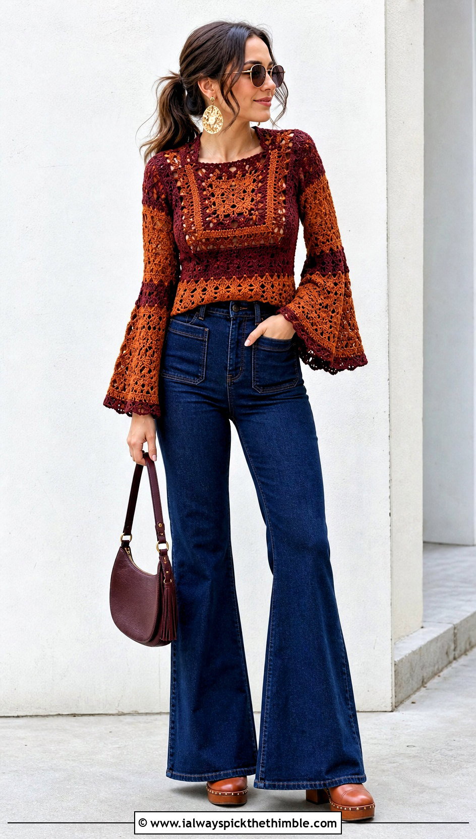 Crochet Bell Sleeve Top With Flared Jeans - 25 two colors crochet top outfit ideas