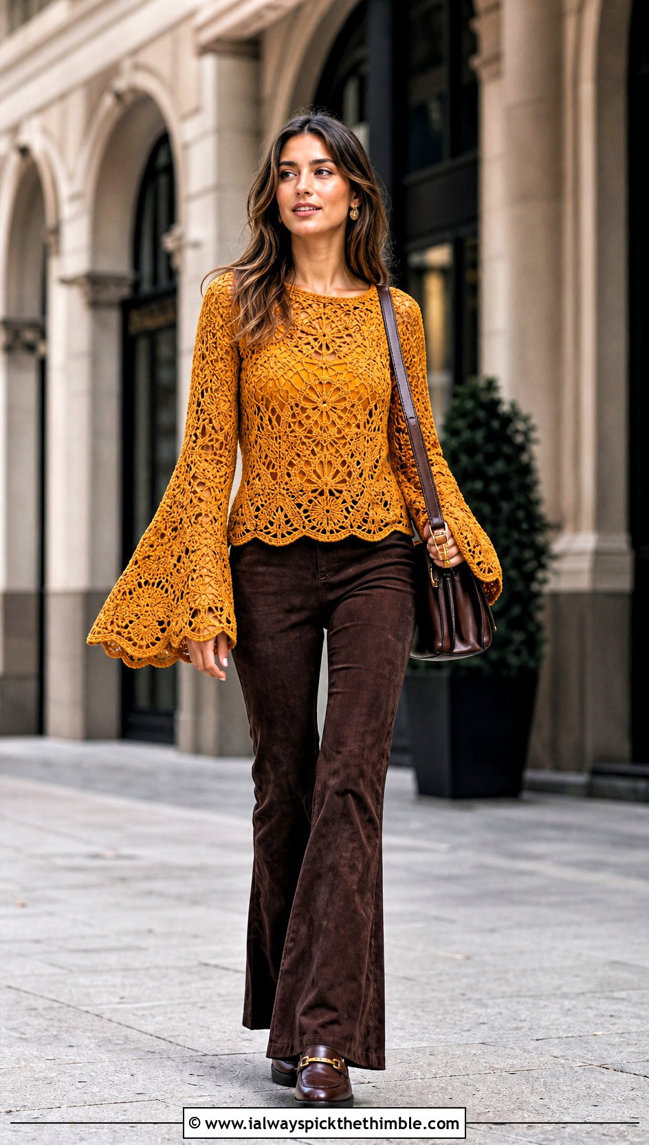 Crochet Bell Sleeve Top With Suede Pants - 20 modern crochet top outfit ideas