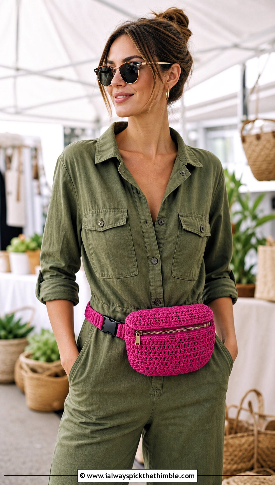 Crochet Belt Bag With Utility Jumpsuit - 25 crochet bag outfit ideas