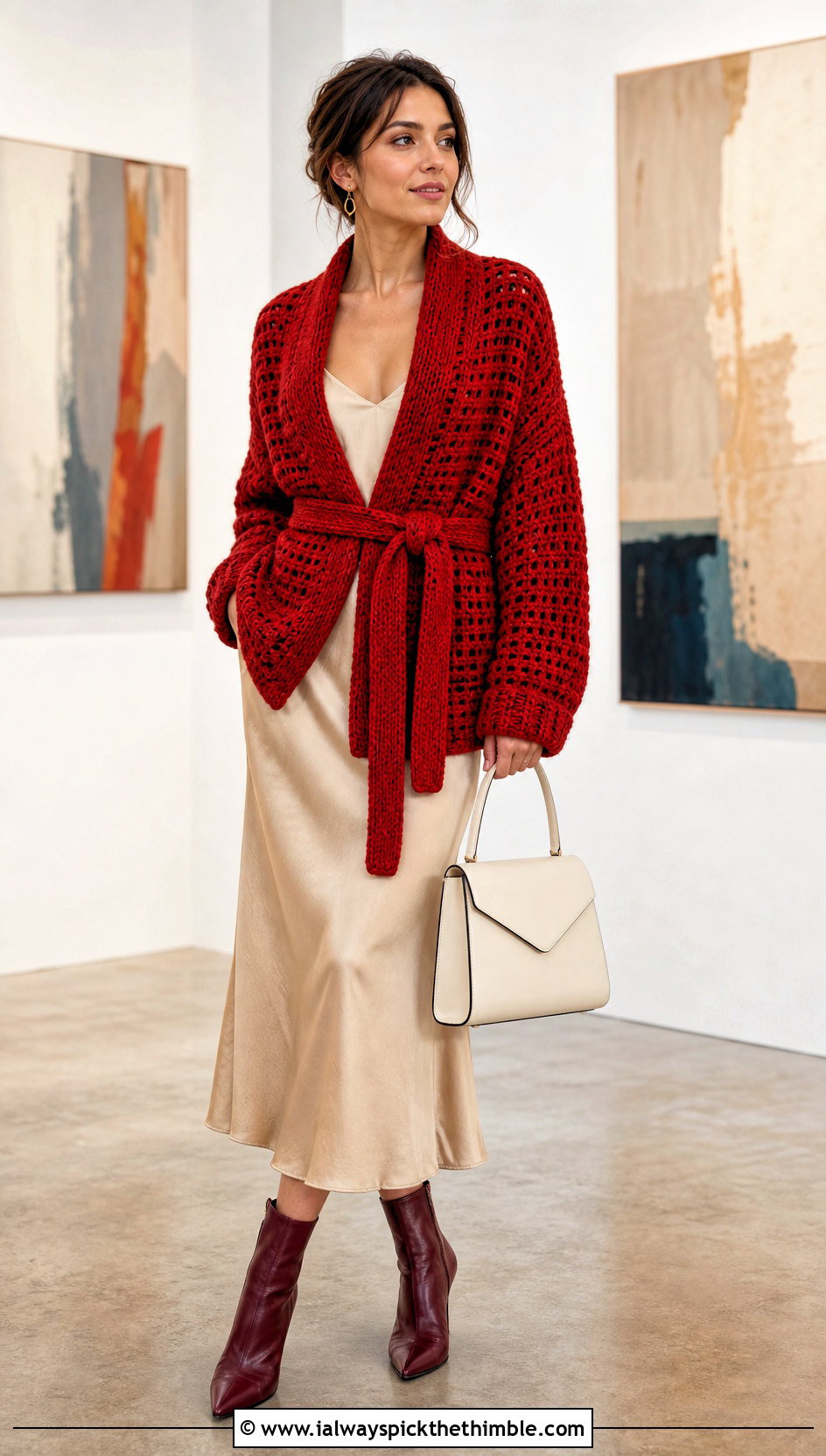 Crochet Belted Blanket Sweater With Satin Midi Skirt - 20 crochet sweater blanket outfit ideas