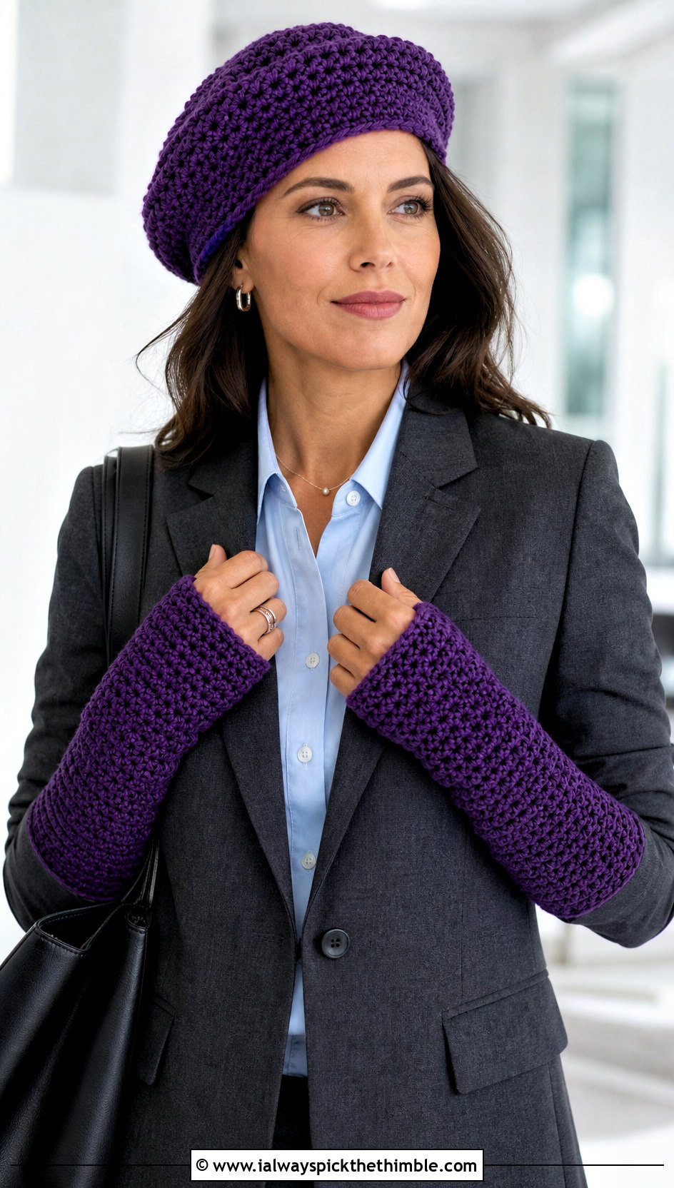 Crochet Beret And Gauntlet Gloves With A Blazer - 15 Crochet Hat And Gloves outfit ideas