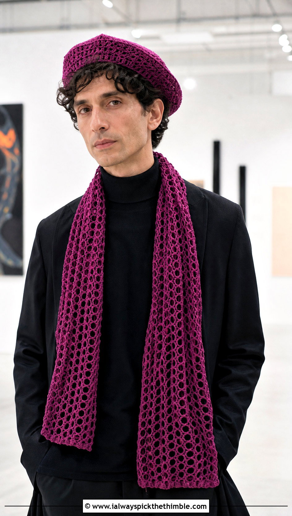 Crochet Beret And Lace Mesh Scarf With Turtleneck - 20 Crochet Mens Hat And Scarf outfit ideas