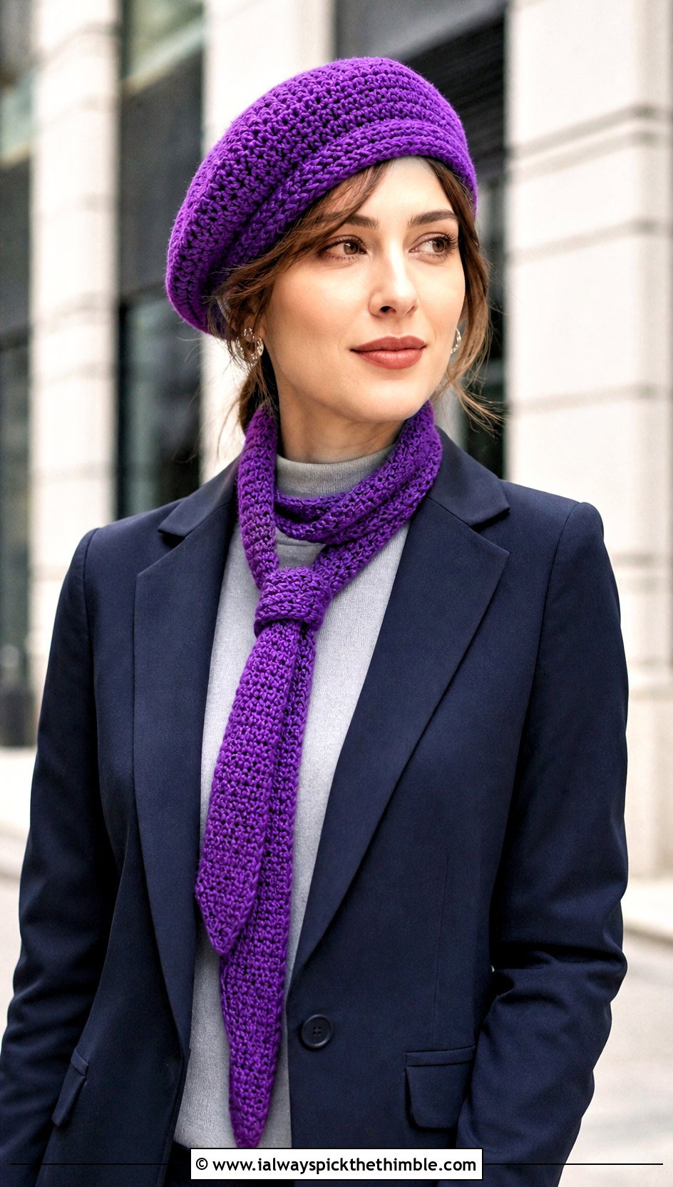Crochet Beret And Skinny Scarf With Blazer And Trousers - 20 crochet hat scarf outfit ideas