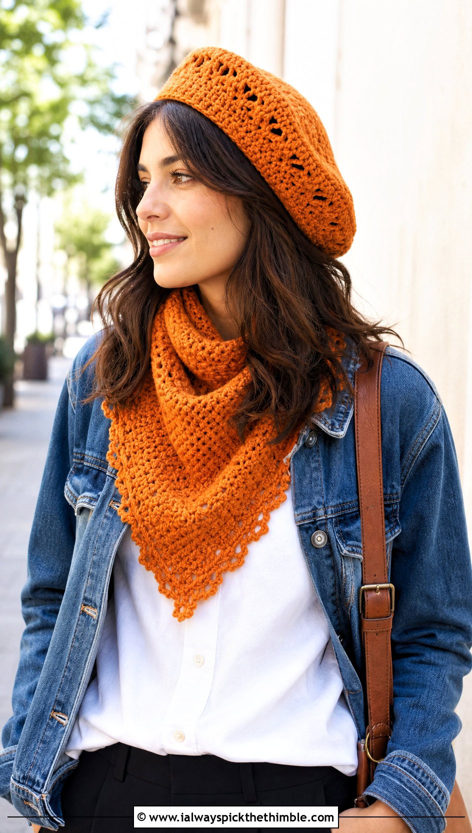 Crochet Beret And Triangle Scarf With Denim Jacket - 20 crochet hat and scarf outfit ideas