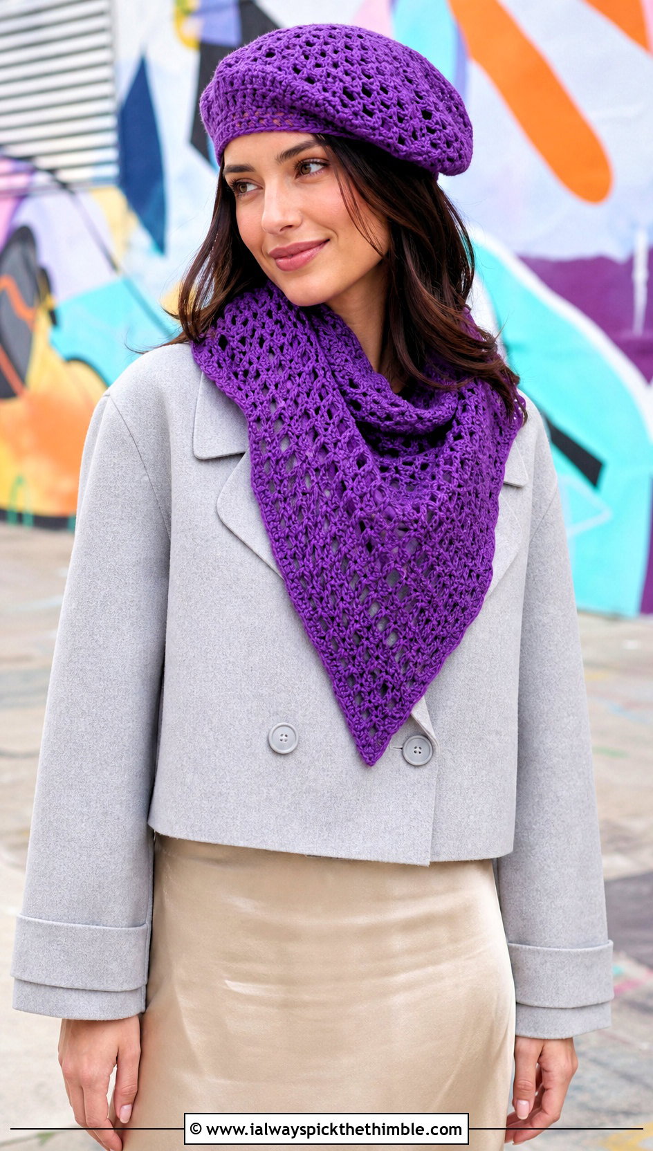 Crochet Beret And Triangle Scarf With Satin Midi Skirt - 25 crochet hat and scarf set outfit ideas