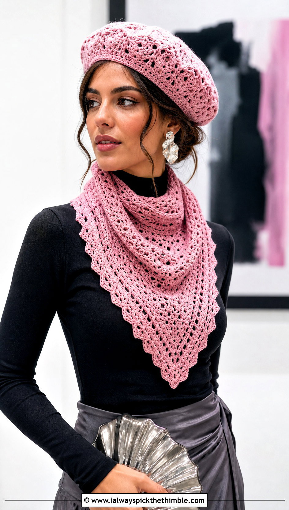 Crochet Beret And Triangle Scarf With Satin Skirt - 15 Crochet Scarf Hat outfit ideas