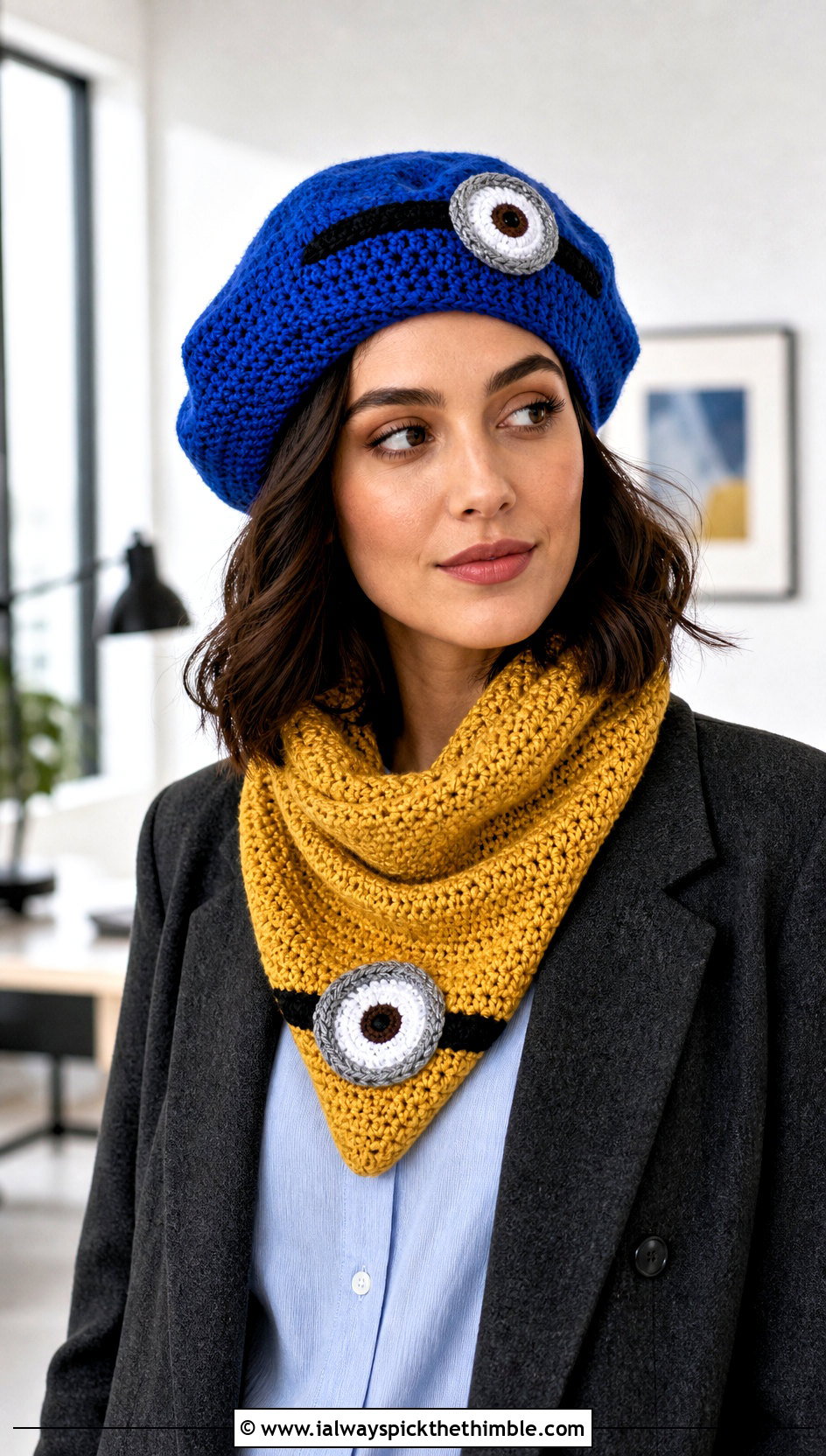 Crochet Beret And Triangle Scarf With Tailored Trousers - 15 minion-themed crochet hat and scarf outfit ideas