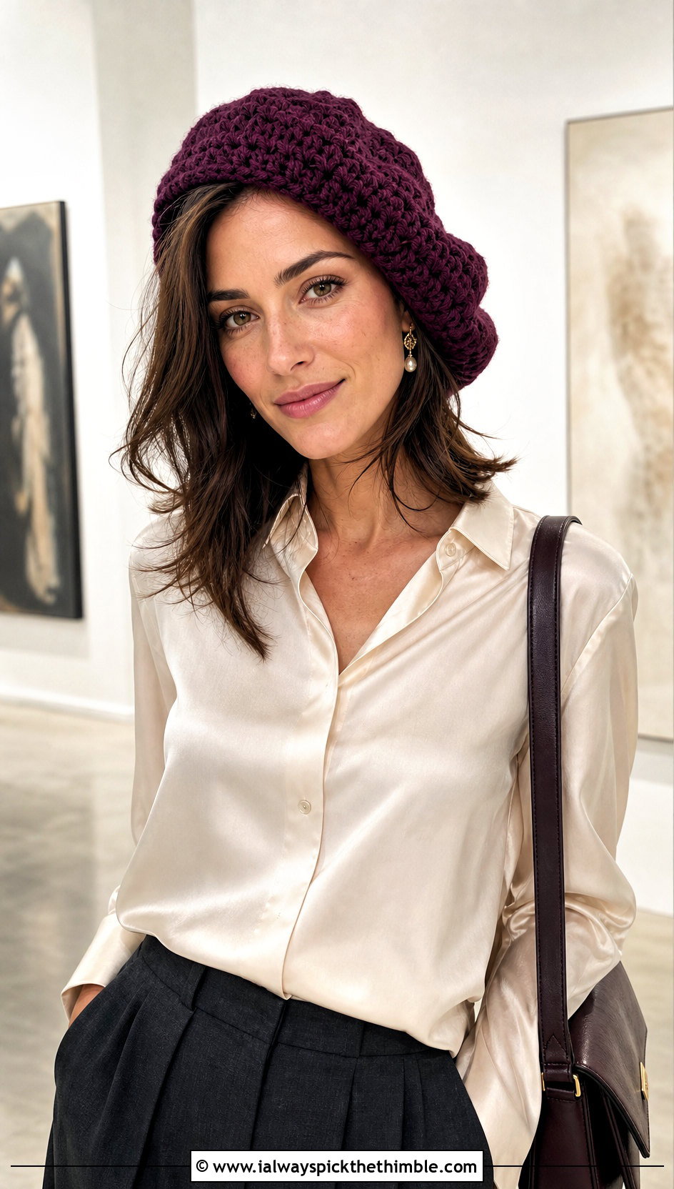 Crochet Beret Beanie With Blouse And Pleated Trousers - 15 crochet beany hat outfit ideas