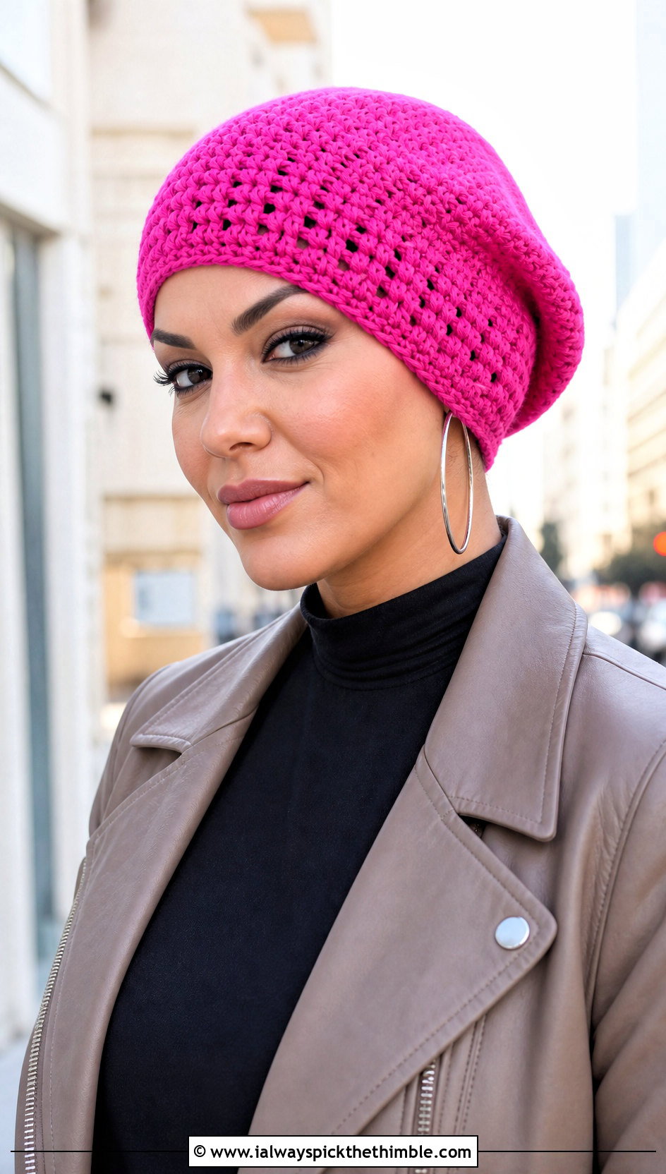 Crochet Beret Chemo Hat With Leather Jacket - 20 Easy Crochet Chemo Hats outfit ideas