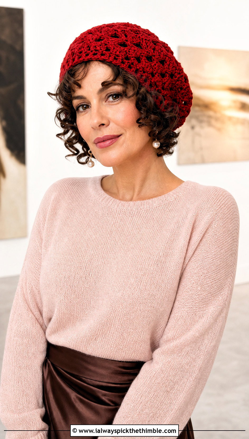 Crochet Beret Chemo Hat With Soft Curls And Satin Midi Skirt - 15 crochet chemo hat with hair outfit ideas