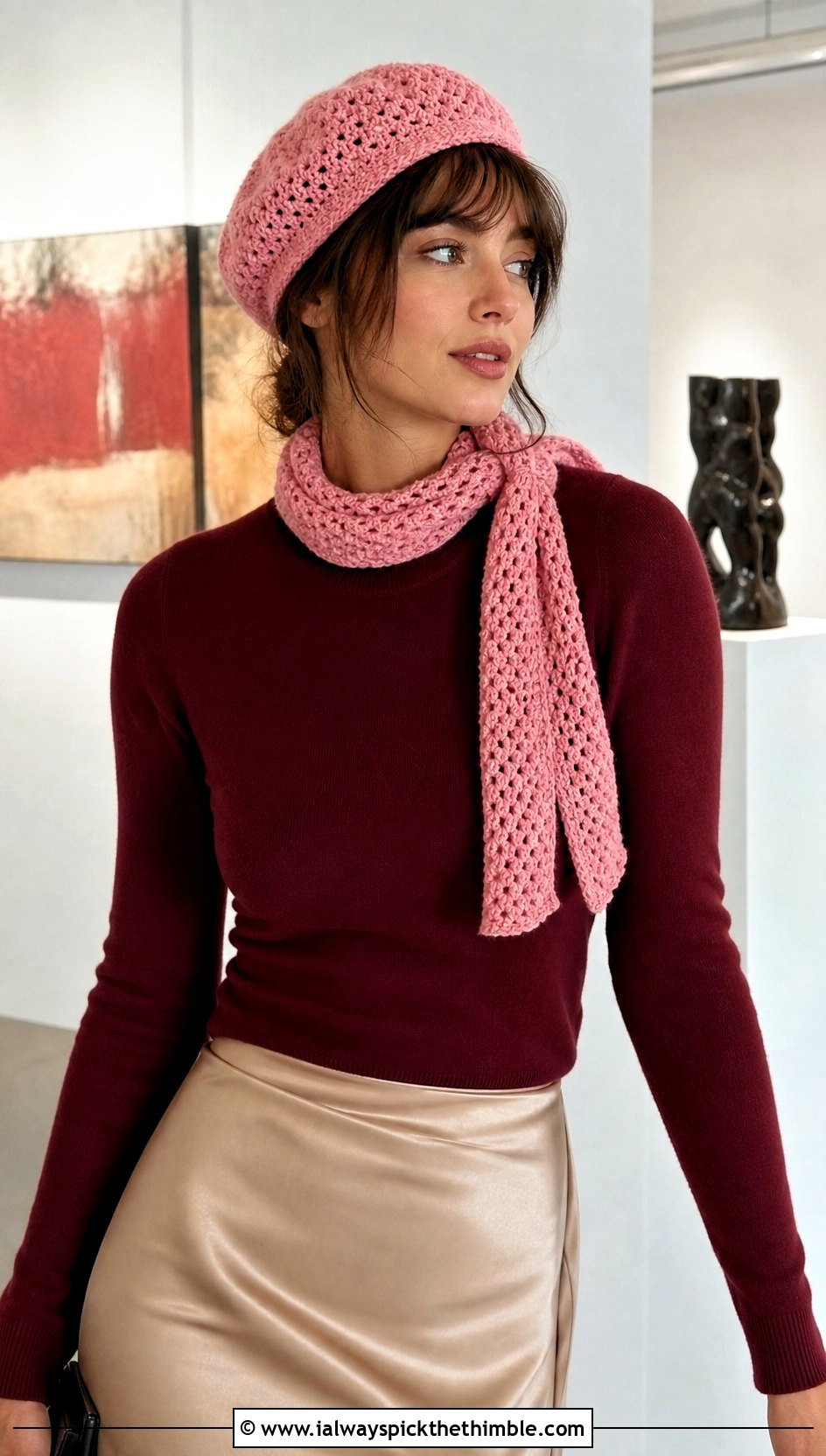 Crochet Beret Scarf With Satin Midi Skirt - 20 Crochet Cap Scarf outfit ideas