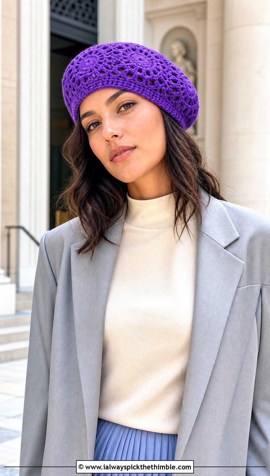 Crochet Beret With Blazer And Pleated Skirt - 25 crochet hat outfit ideas