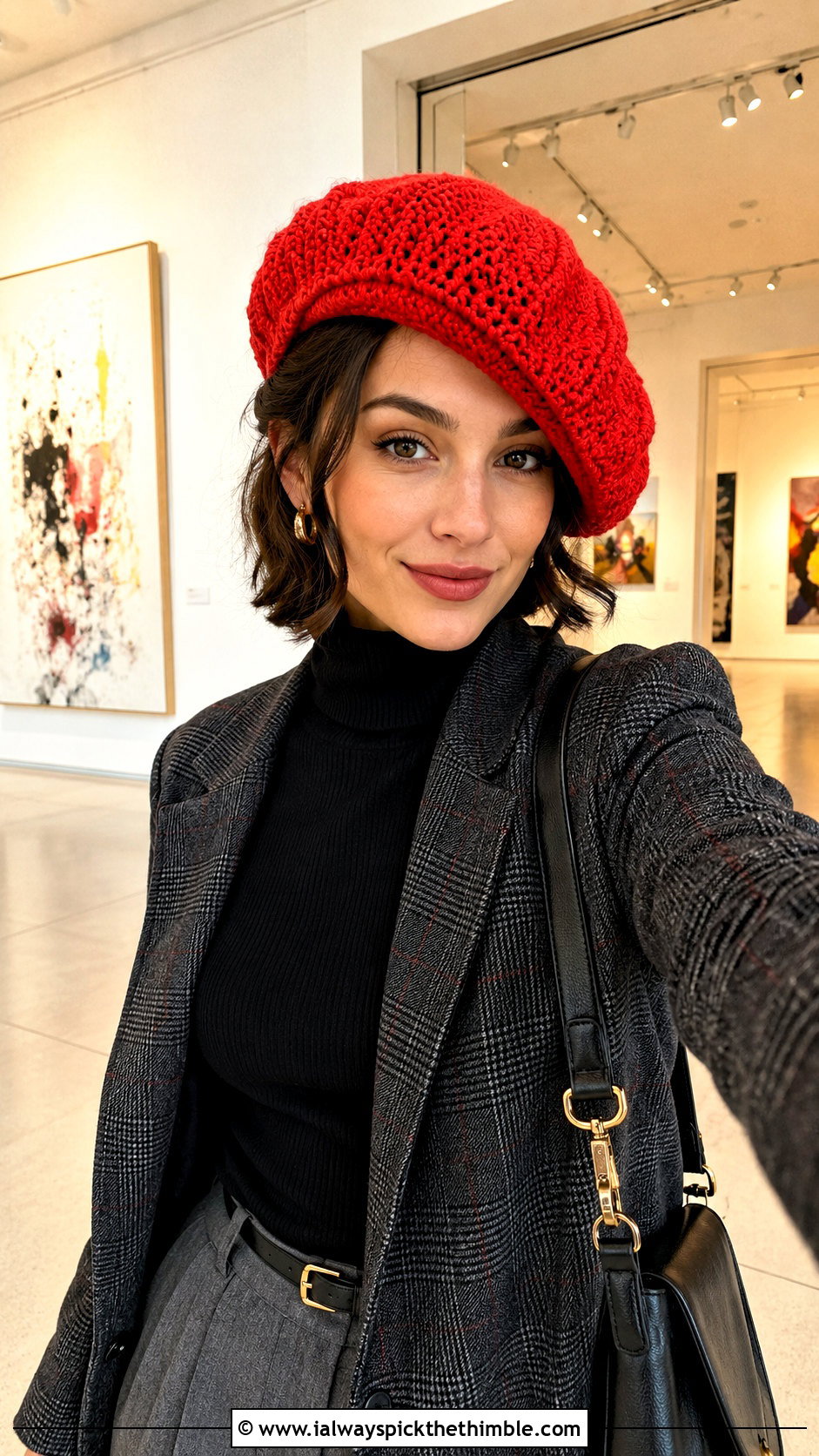 Crochet Beret With Blazer And Pleated Trousers - 25 crochet winter hat outfit ideas