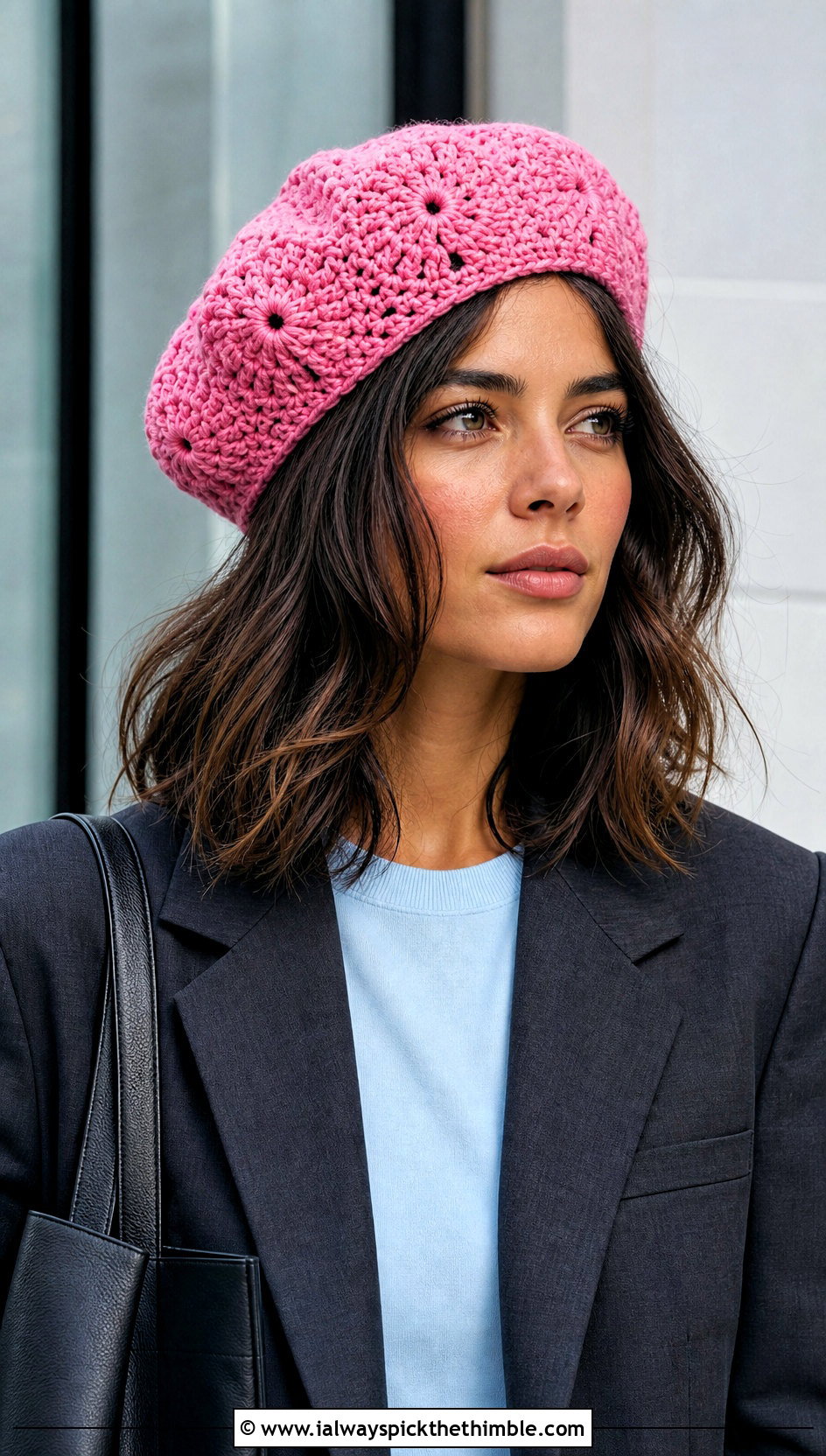 Crochet Beret With Blazer And Tailored Trousers - 20 Easy Crochet Hats For Beginners outfit ideas