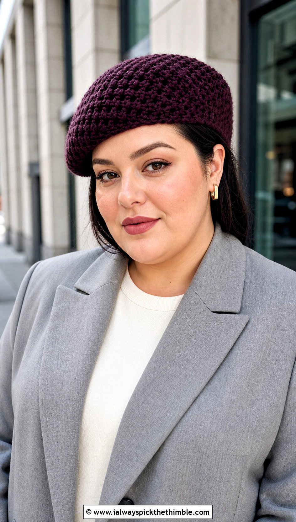 Crochet Beret With Blazer And Trousers - 15 Easy Crochet Hats For Women outfit ideas