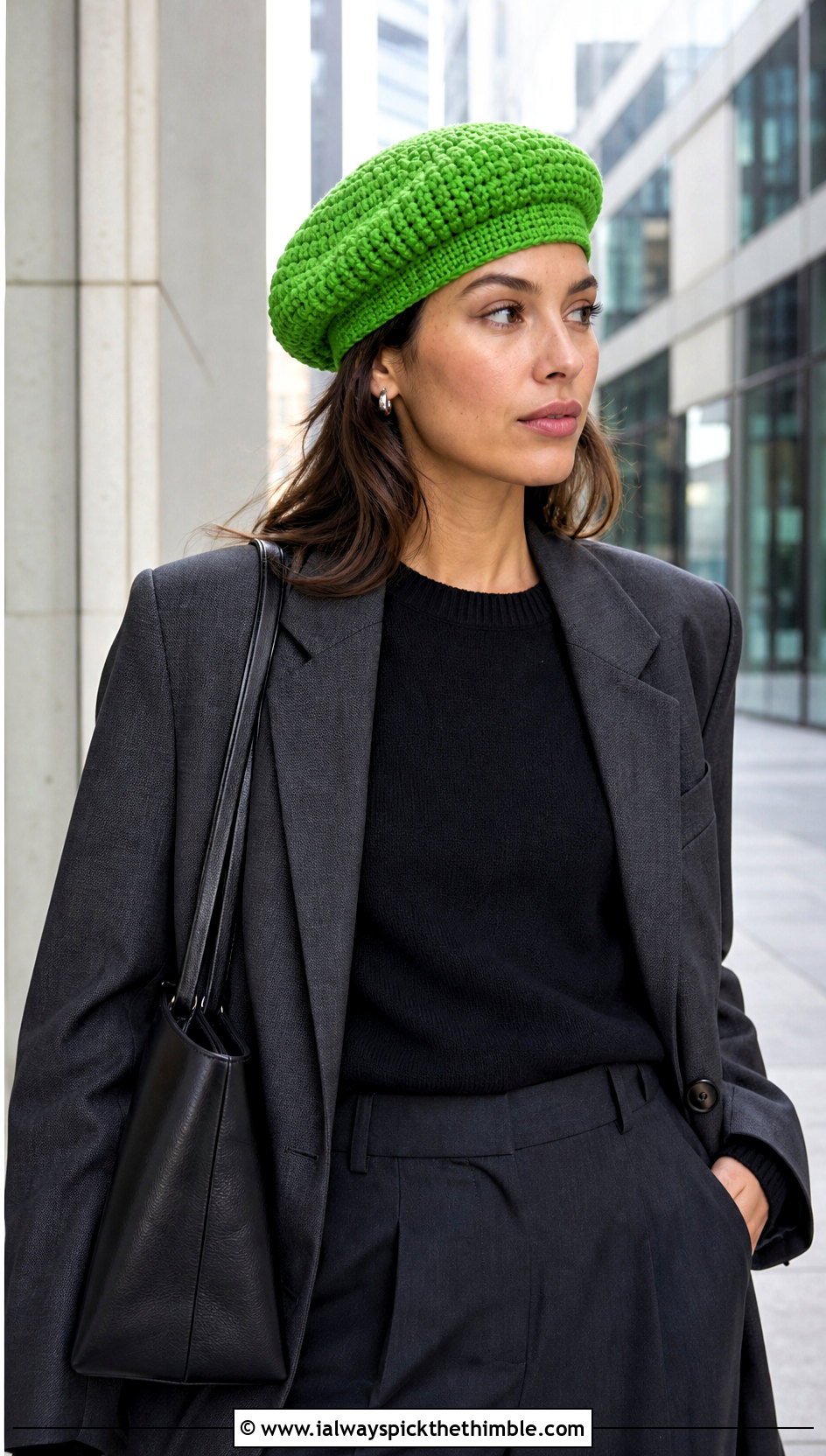 Crochet Beret With Blazer And Trousers - 20 winter crochet hats outfit ideas