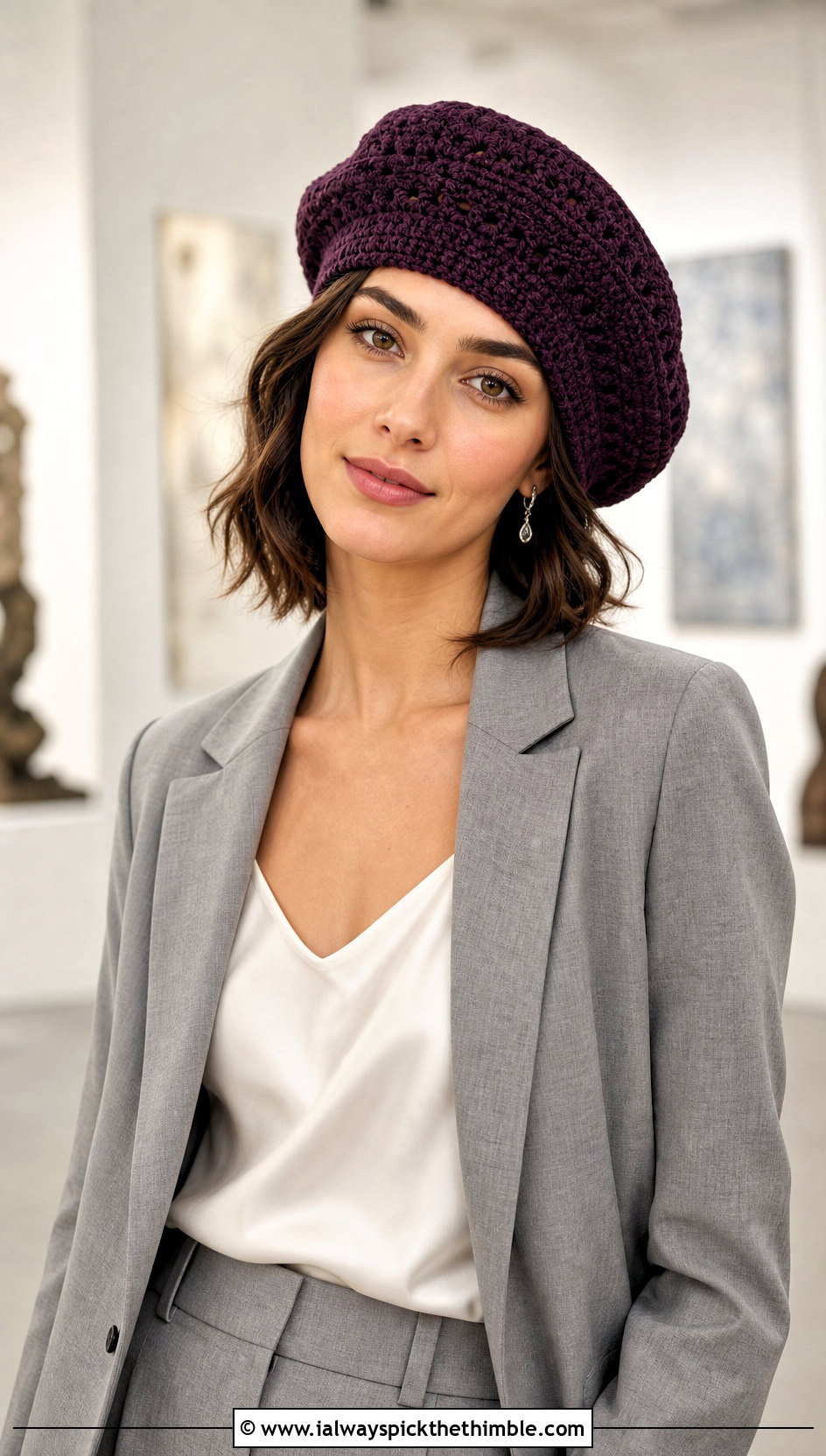 Crochet Beret With Blazer And Trousers - 15 Crocheted Womens Hats outfit ideas
