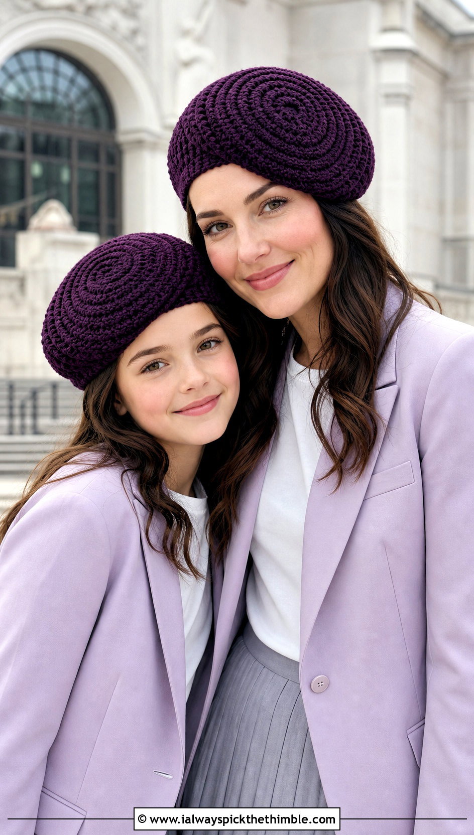 Crochet Beret With Blazers And Pleated Skirts - 20 Mommy And Me Crochet Hats outfit ideas