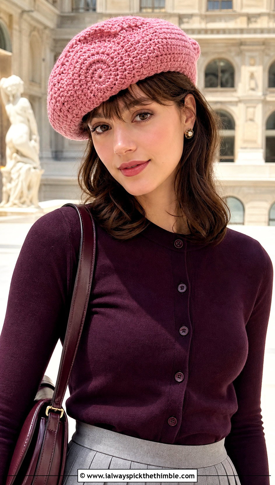 Crochet Beret With Cardigan And Pleated Skirt - 25 cute crochet hat outfit ideas