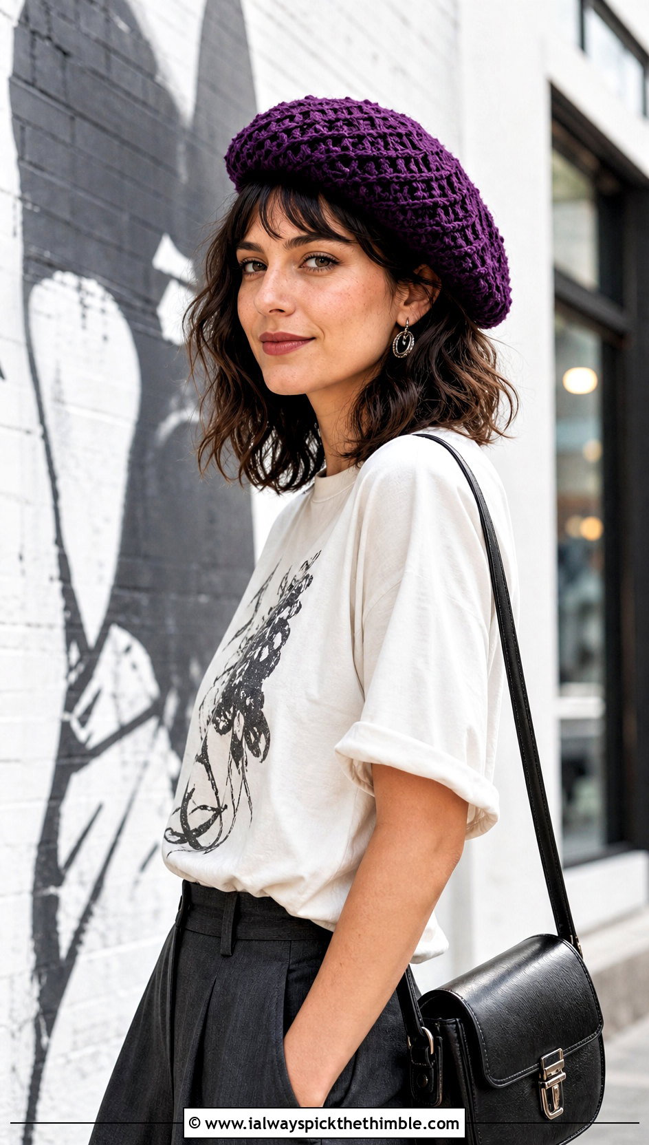 Crochet Beret With Graphic Tee And Tailored Trousers - 25 summer crochet hat outfit ideas