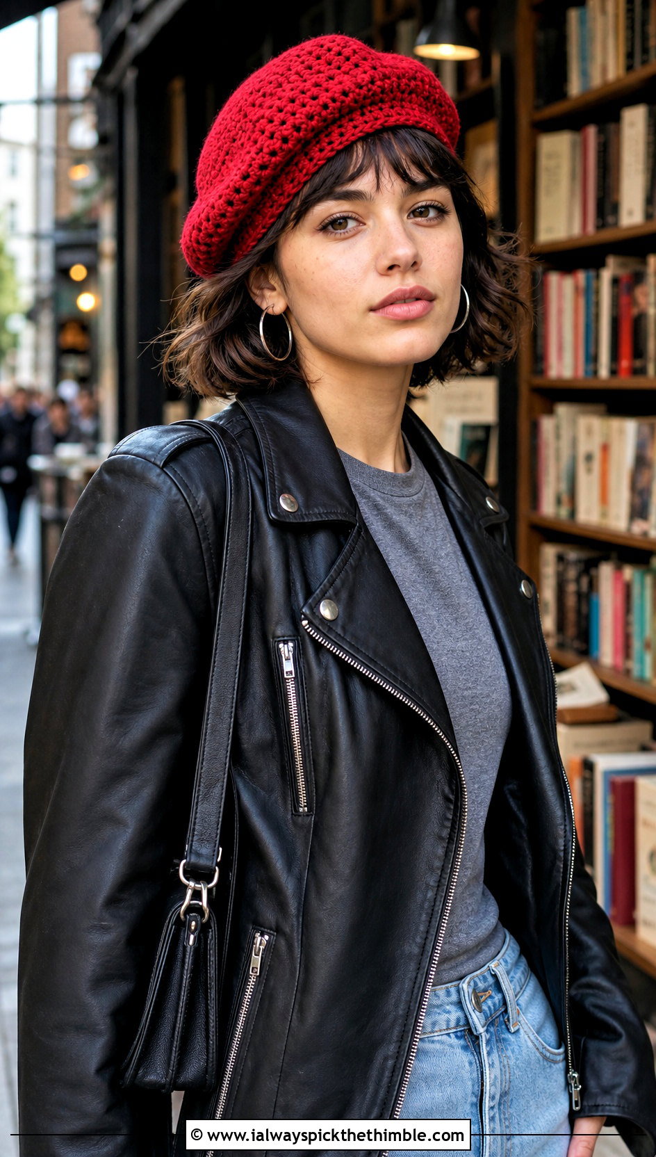 Crochet Beret With Leather Jacket - 25 crochet hat for women outfit ideas