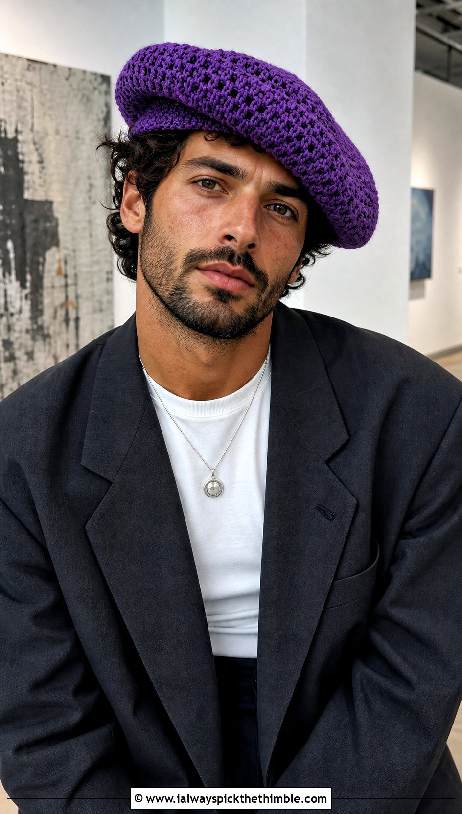 Crochet Beret With Oversized Blazer - 25 crochet hats for men outfit ideas