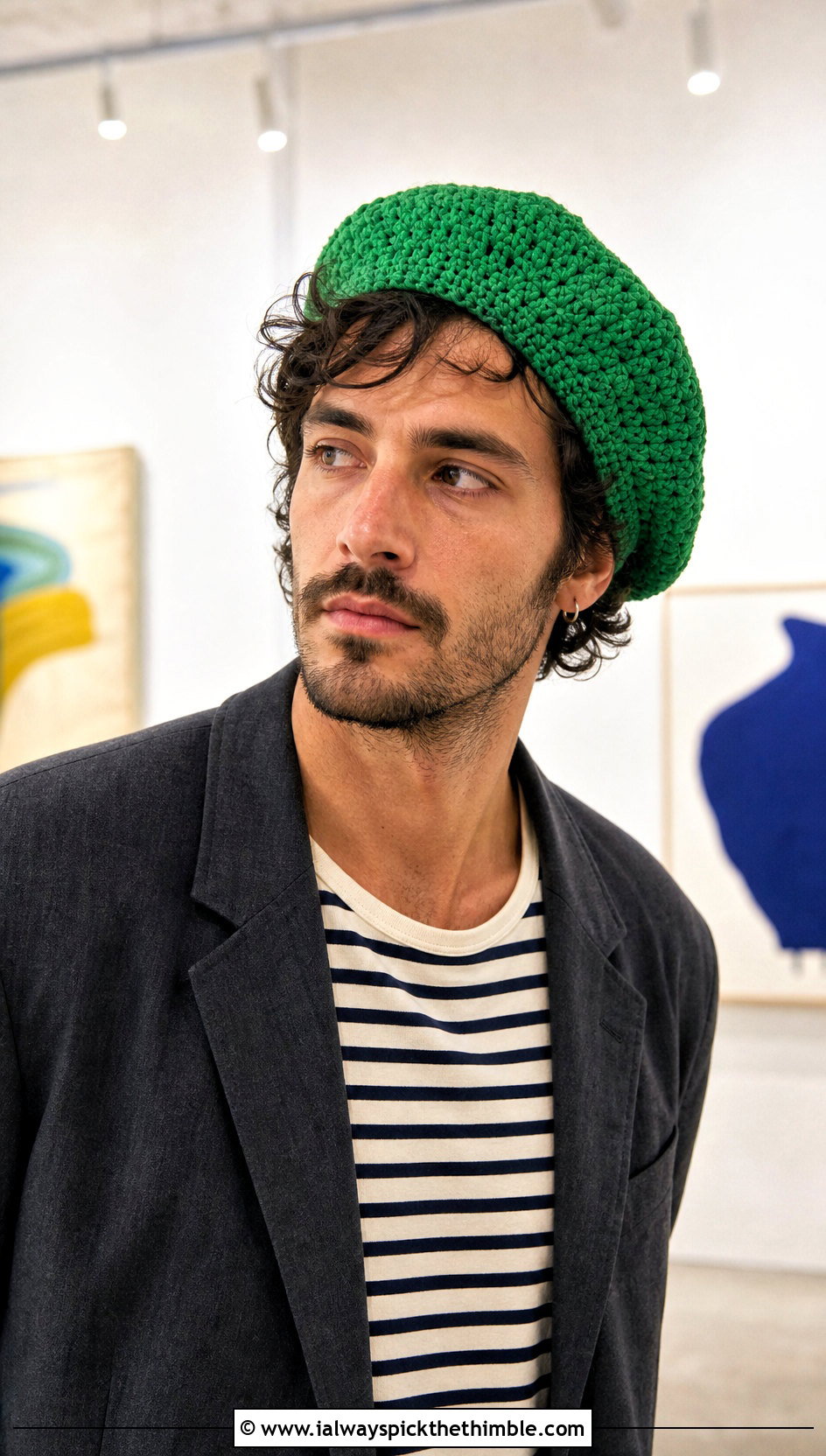 Crochet Beret With Relaxed Suit And Striped T Shirt - 20 men crochet hat outfit ideas