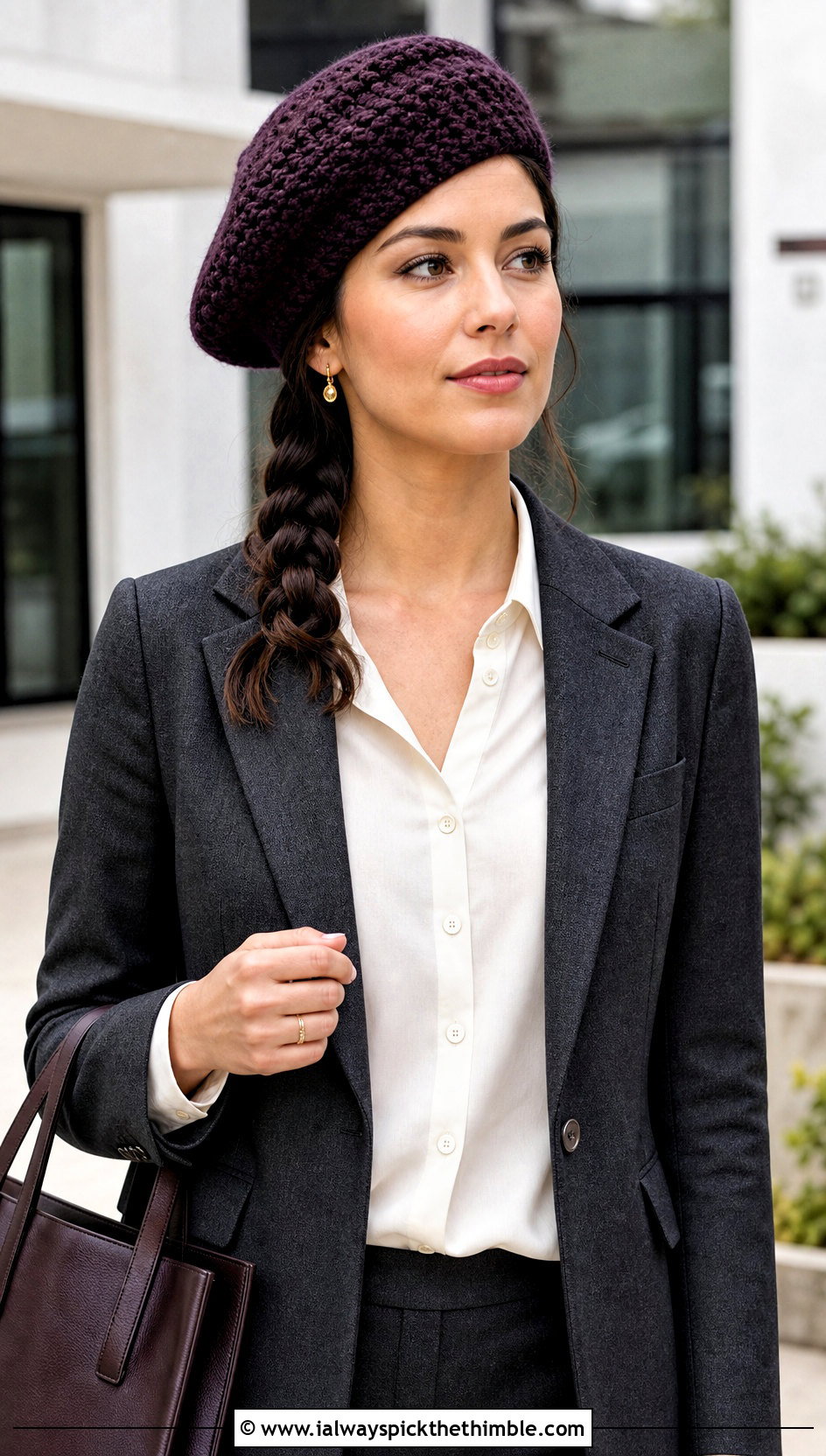 Crochet Beret With Side Braid And Blazer Outfit - 20 crochet hat with hair outfit ideas