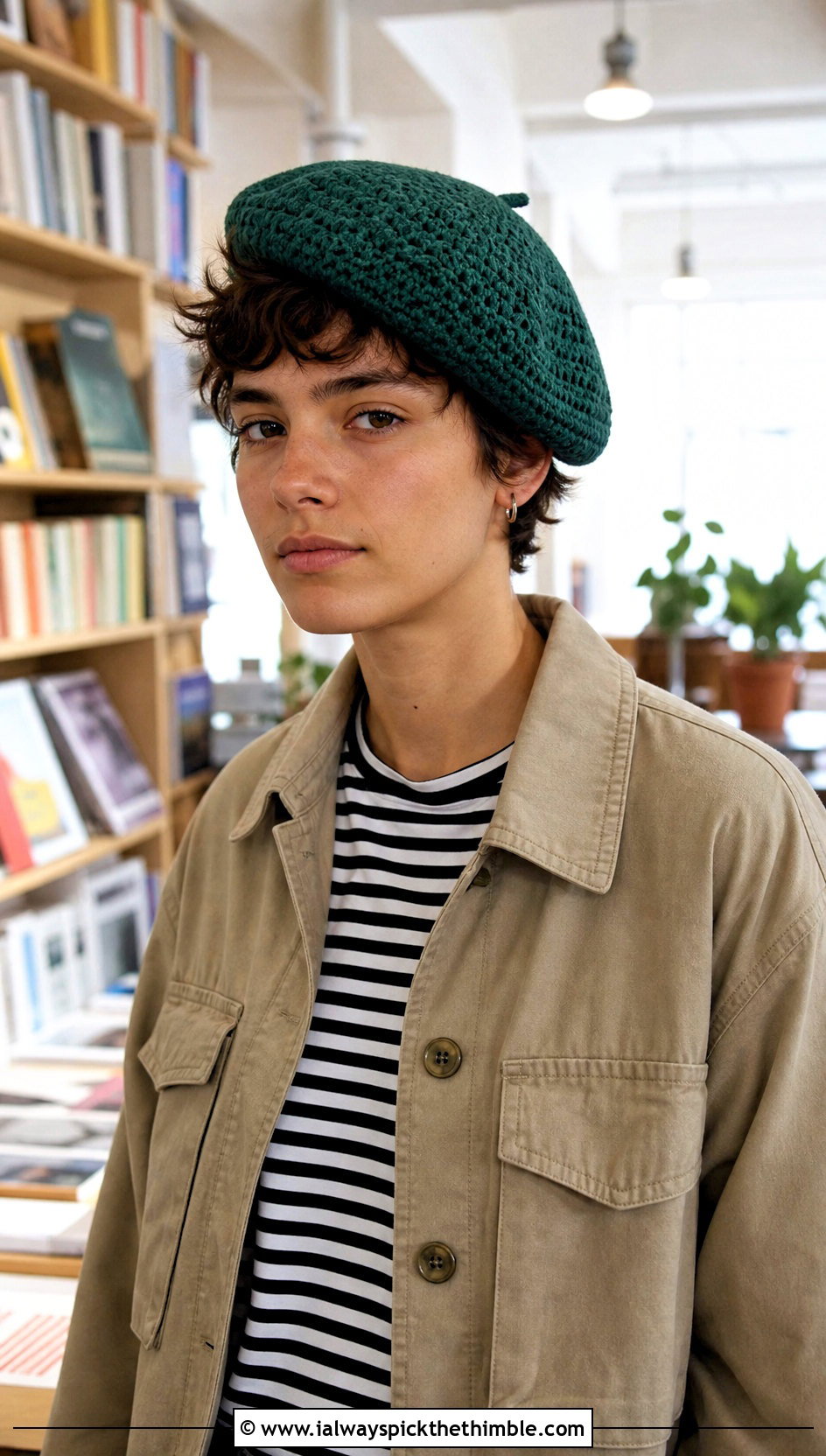 Crochet Beret With Striped Shirt - 20 Unisex Crochet Hat outfit ideas