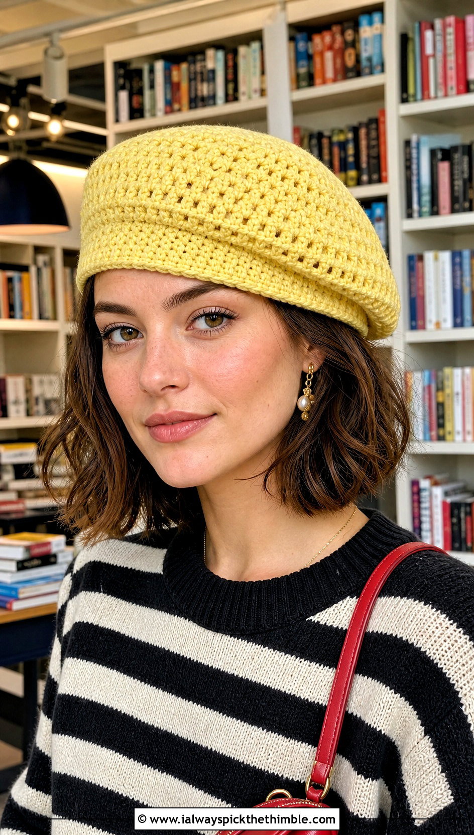 Crochet Beret With Striped Sweater And Wide Leg Pants - 15 Crochet Woolly Hat outfit ideas