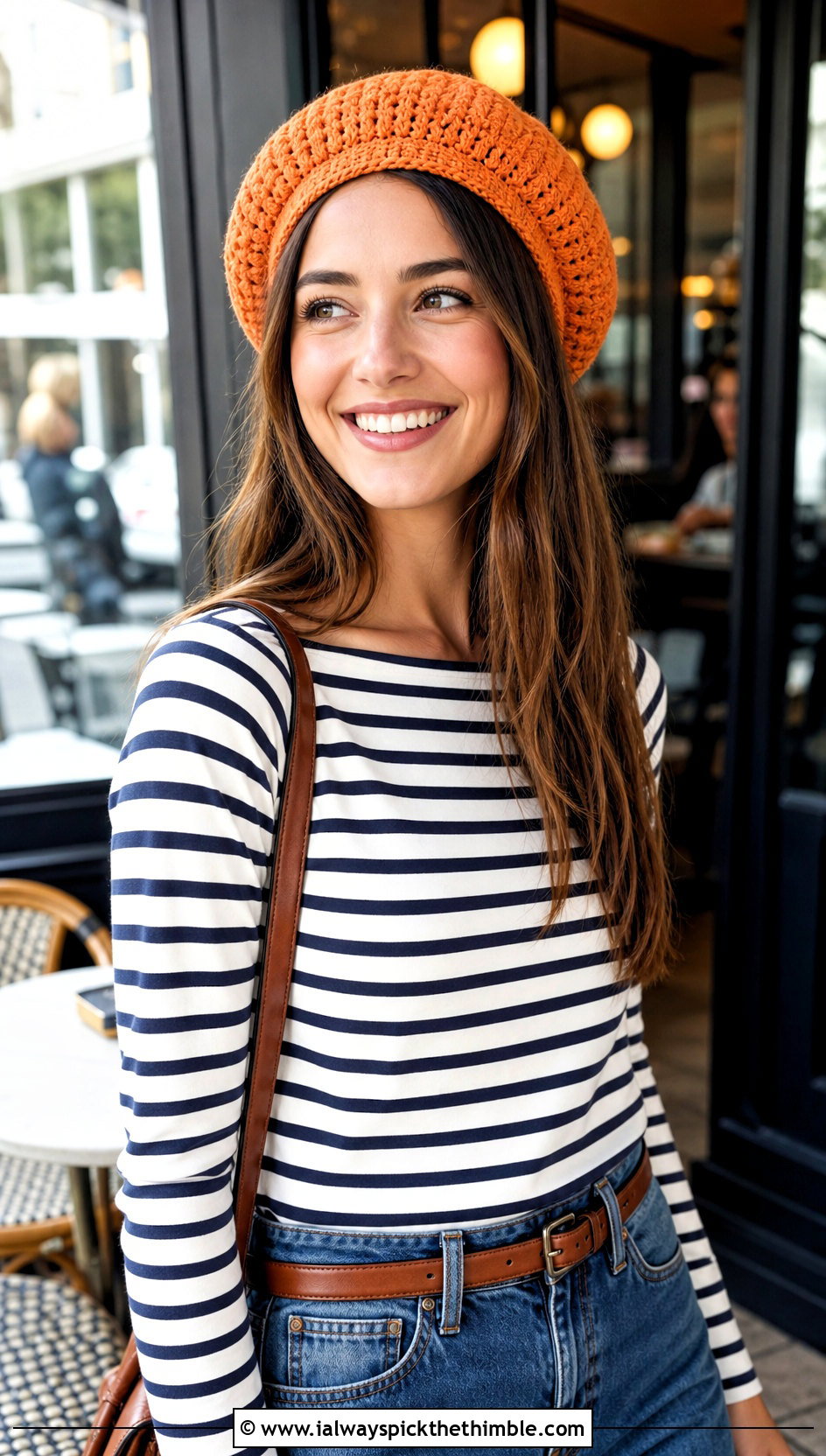 Crochet Beret With Striped Top And Straight Jeans - 15 Crochet Women's Hats outfit ideas