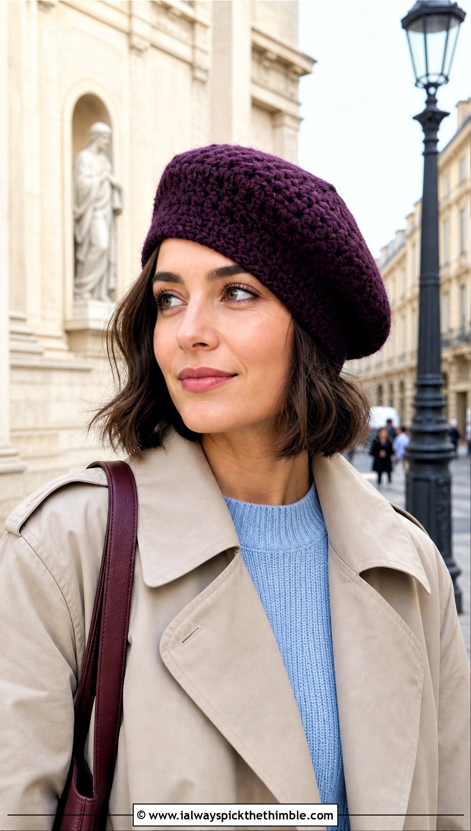 Crochet Beret With Trench Coat - 25 easy crochet hats outfit ideas