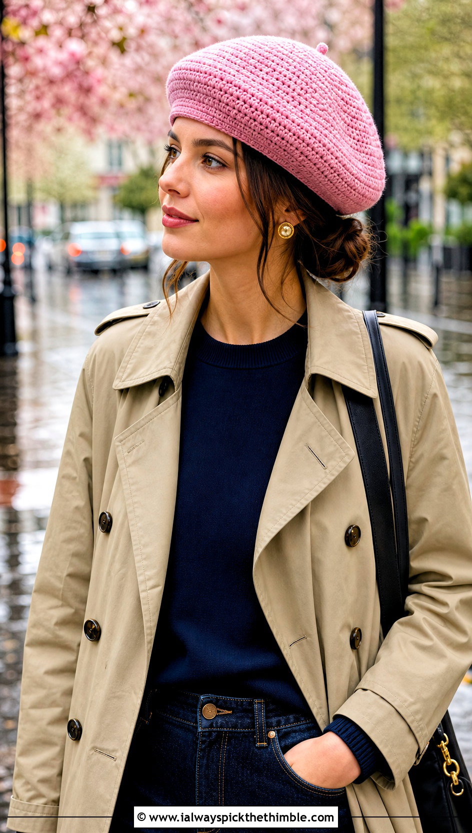 Crochet Beret With Trench Coat - 25 one piece crochet hat outfit ideas